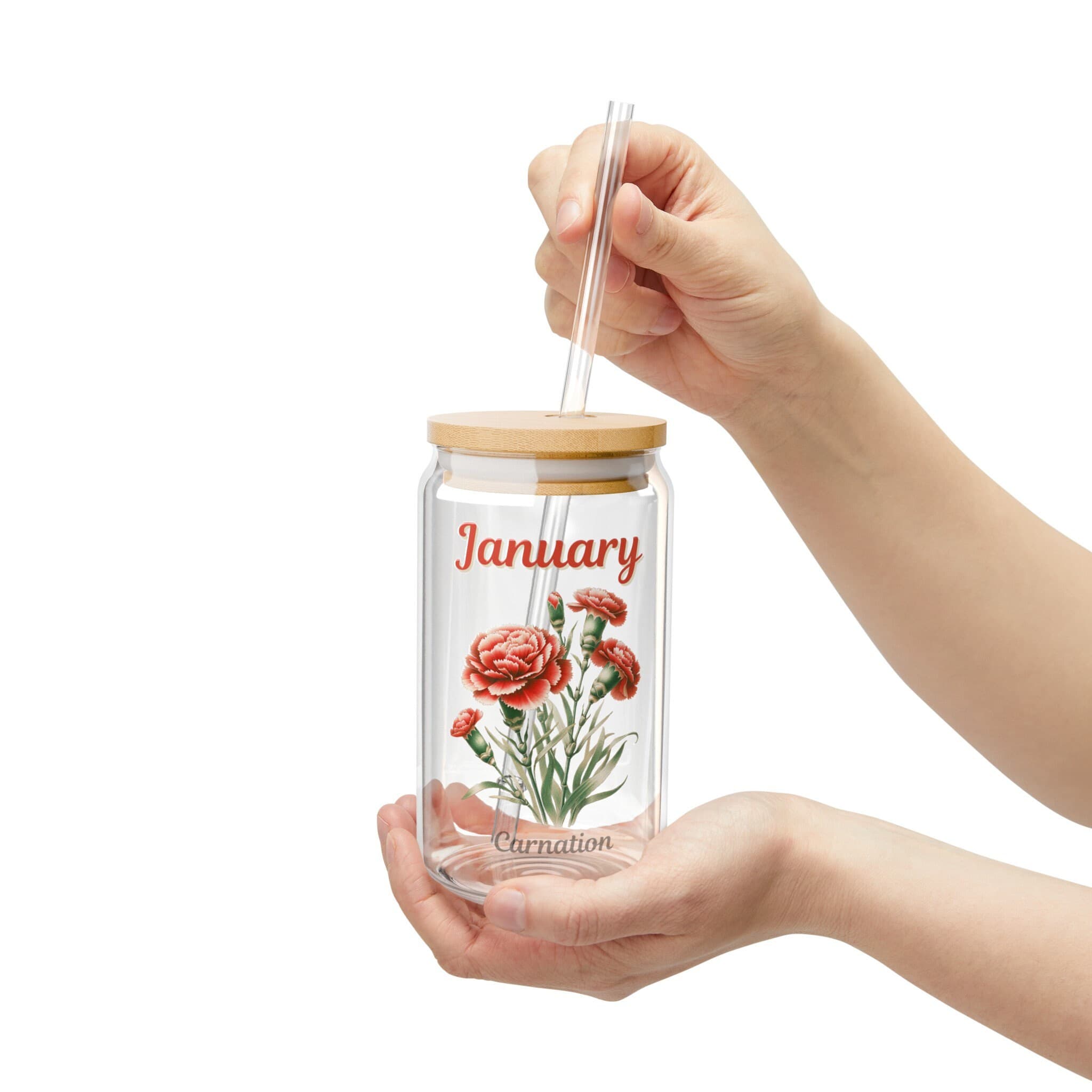 January Birth Flower Glass: Carnation Sipper with Bamboo Lid - image 4