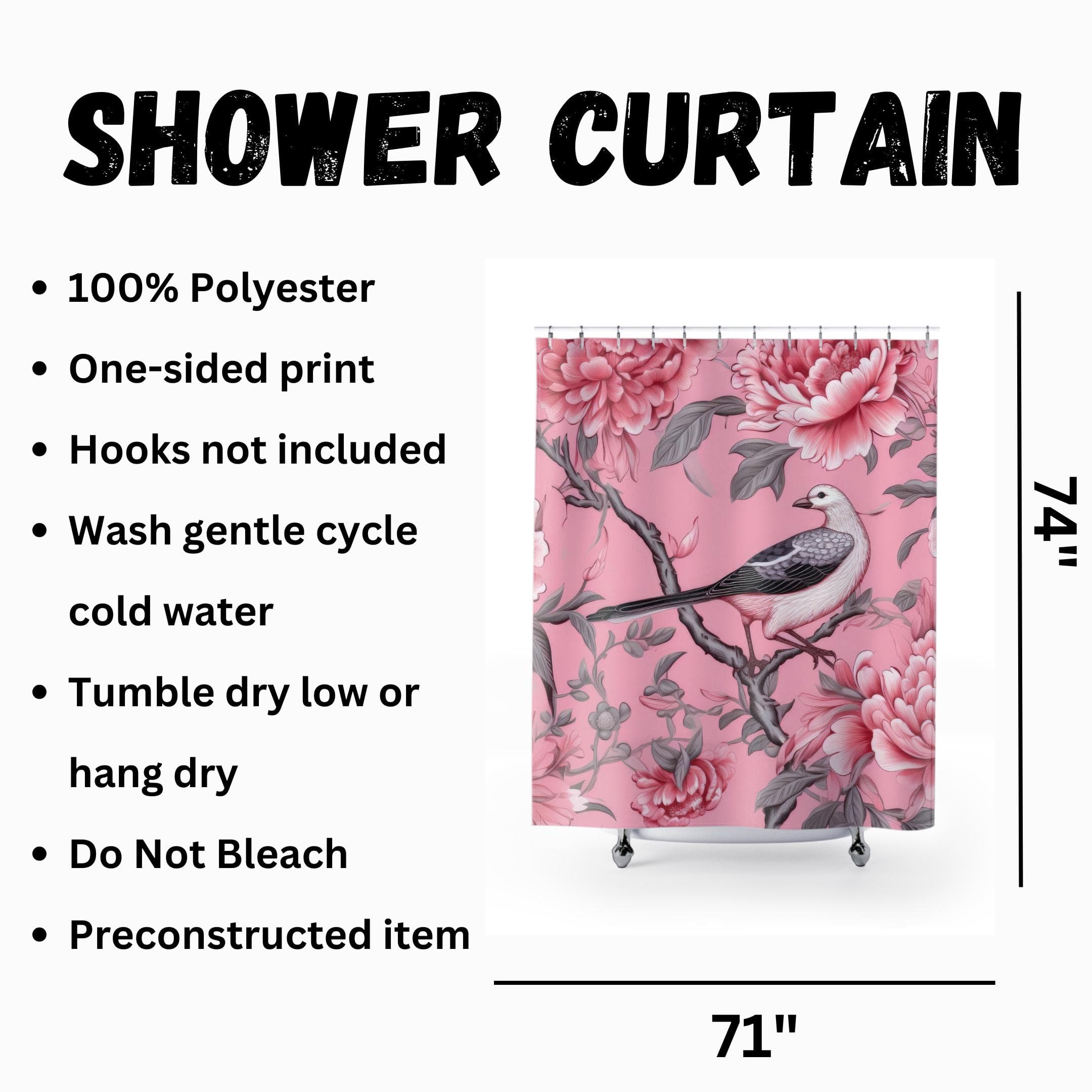 Vintage Bird and Peony Shower Curtain Pink Botanical Bathroom Decor - image 2