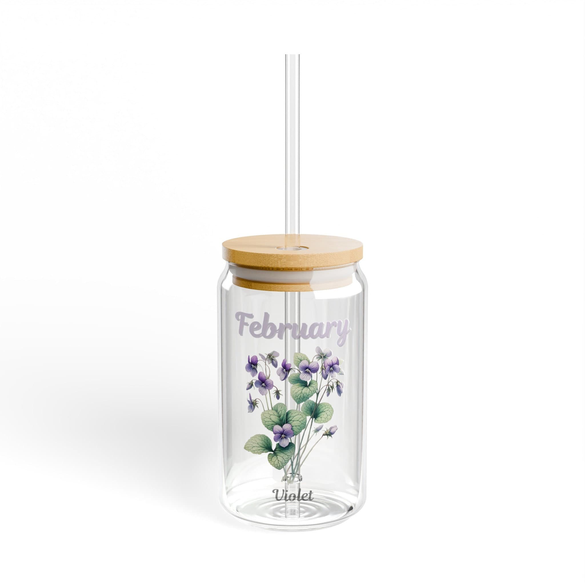 February Birth Flower Glass Jar: Violet Flower Cup with Bamboo Lid & Straw - image 3