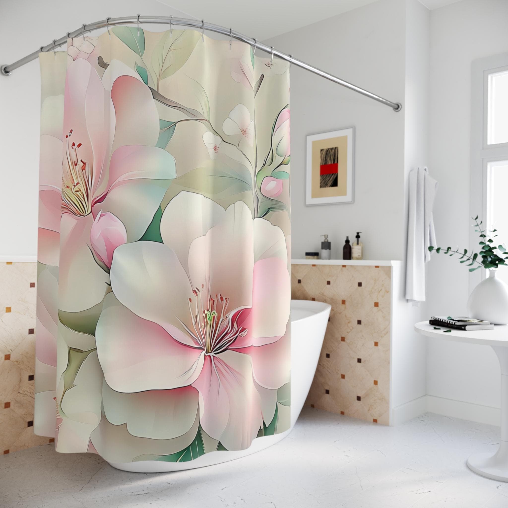 Pink Floral Shower Curtain: Elegant Rose Print, Cottagecore Bath Decor