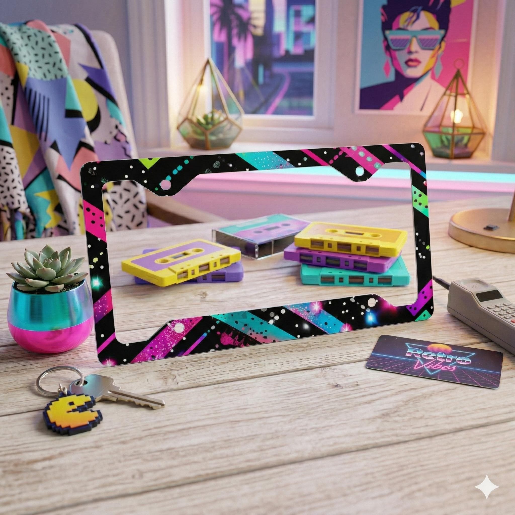 Retro Neon Stripes Metal License Plate Frame | 80s Vaporwave Car Accessory
