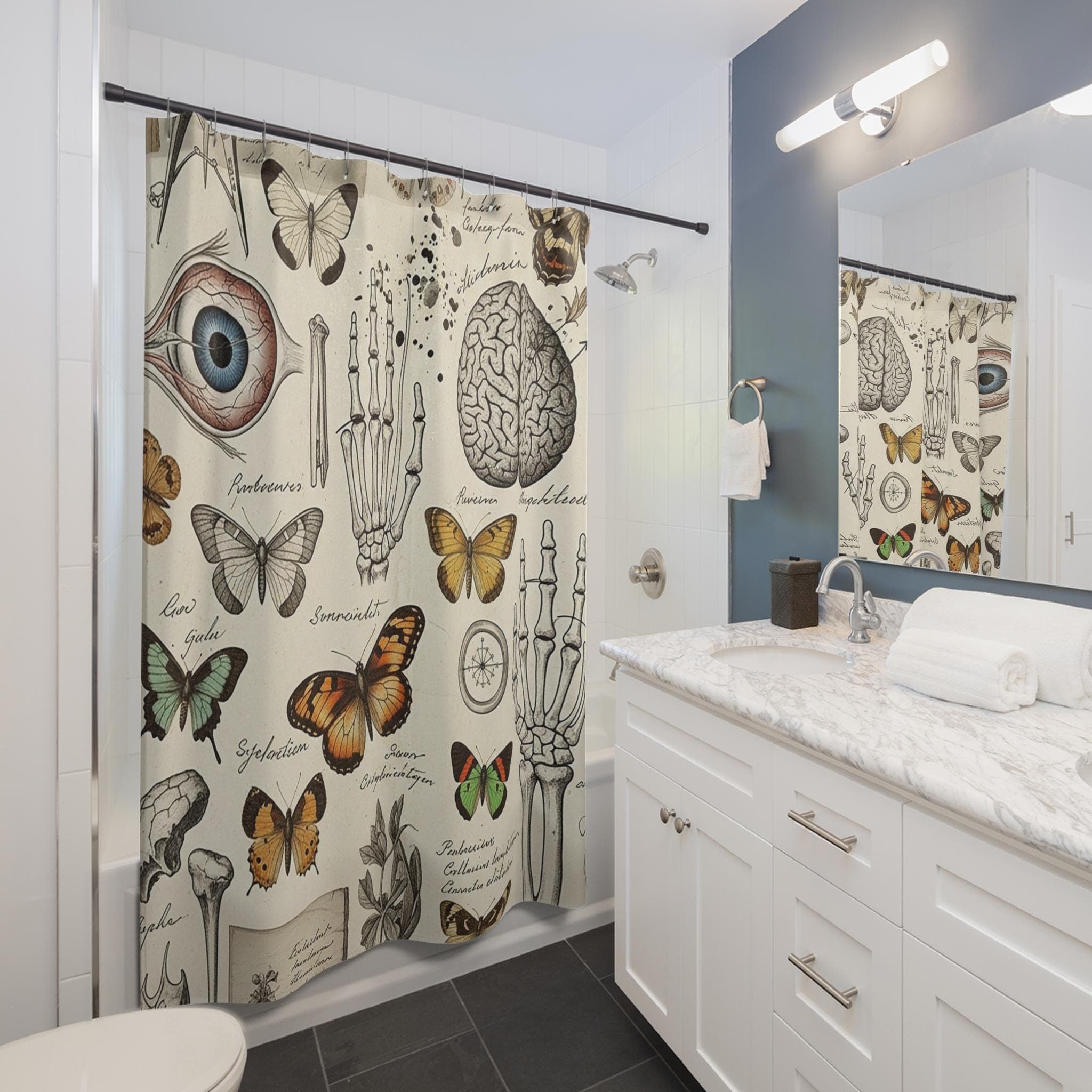 Vintage Anatomy Butterfly Shower Curtain: Dark Academia Botanical Illustration Print - image 2