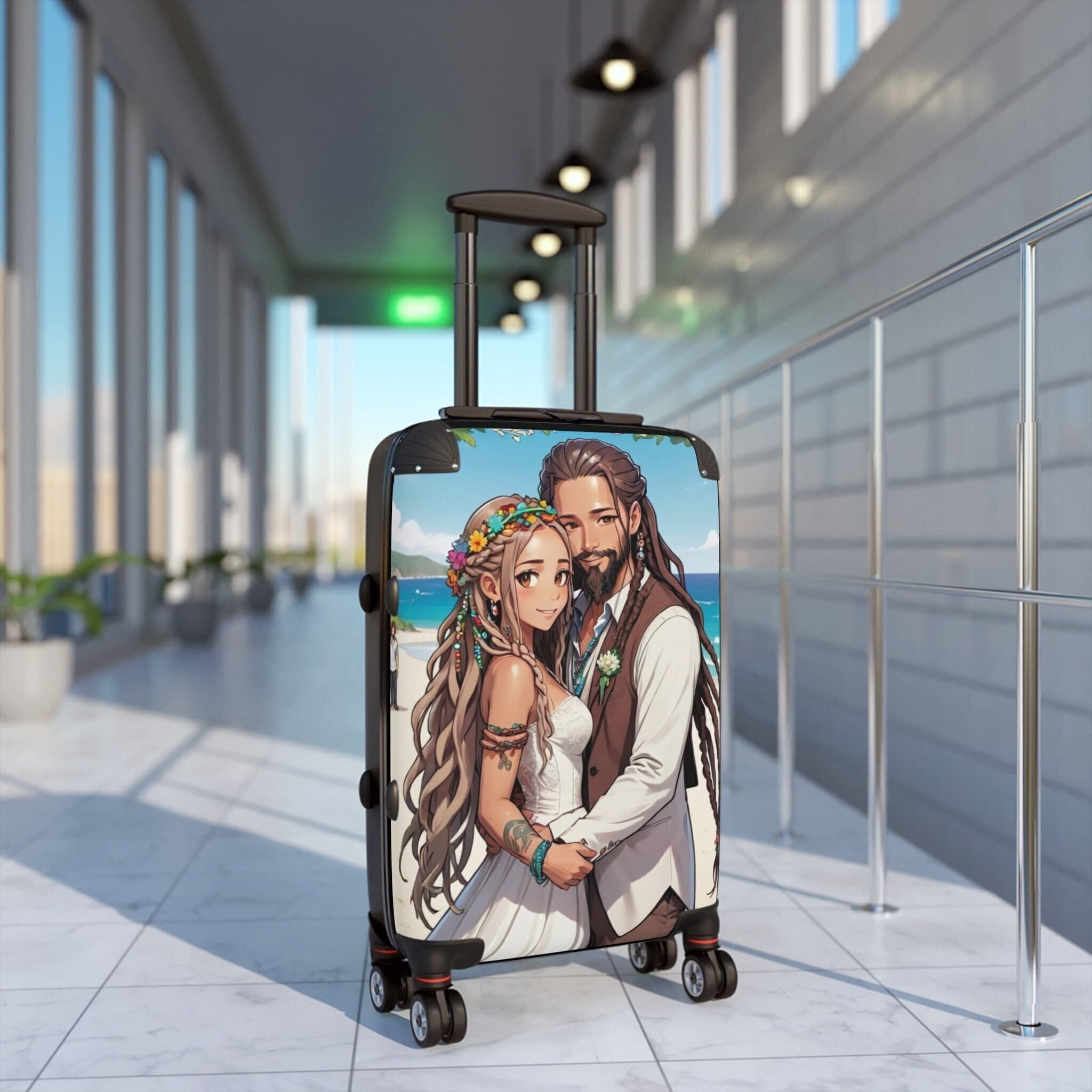 Boho Wedding Couple Suitcase: Hand-Painted Cartoon Honeymoon Luggage