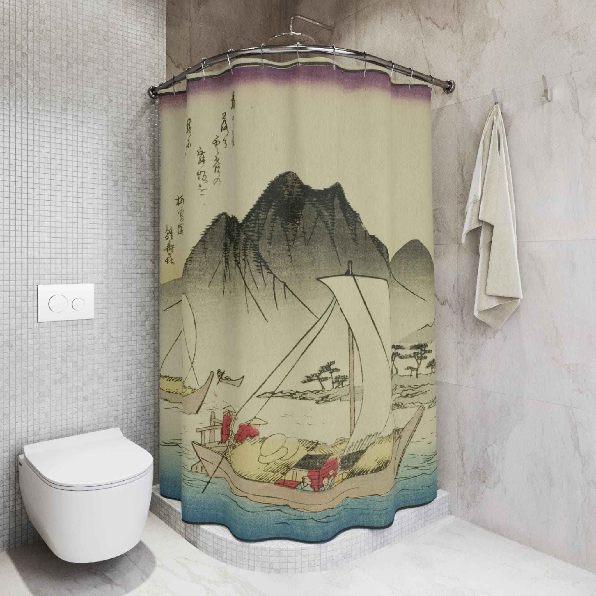 Asian Art Shower Curtain: 'Maisaka Ferry' Boat Scene Bathroom Decor - image 5