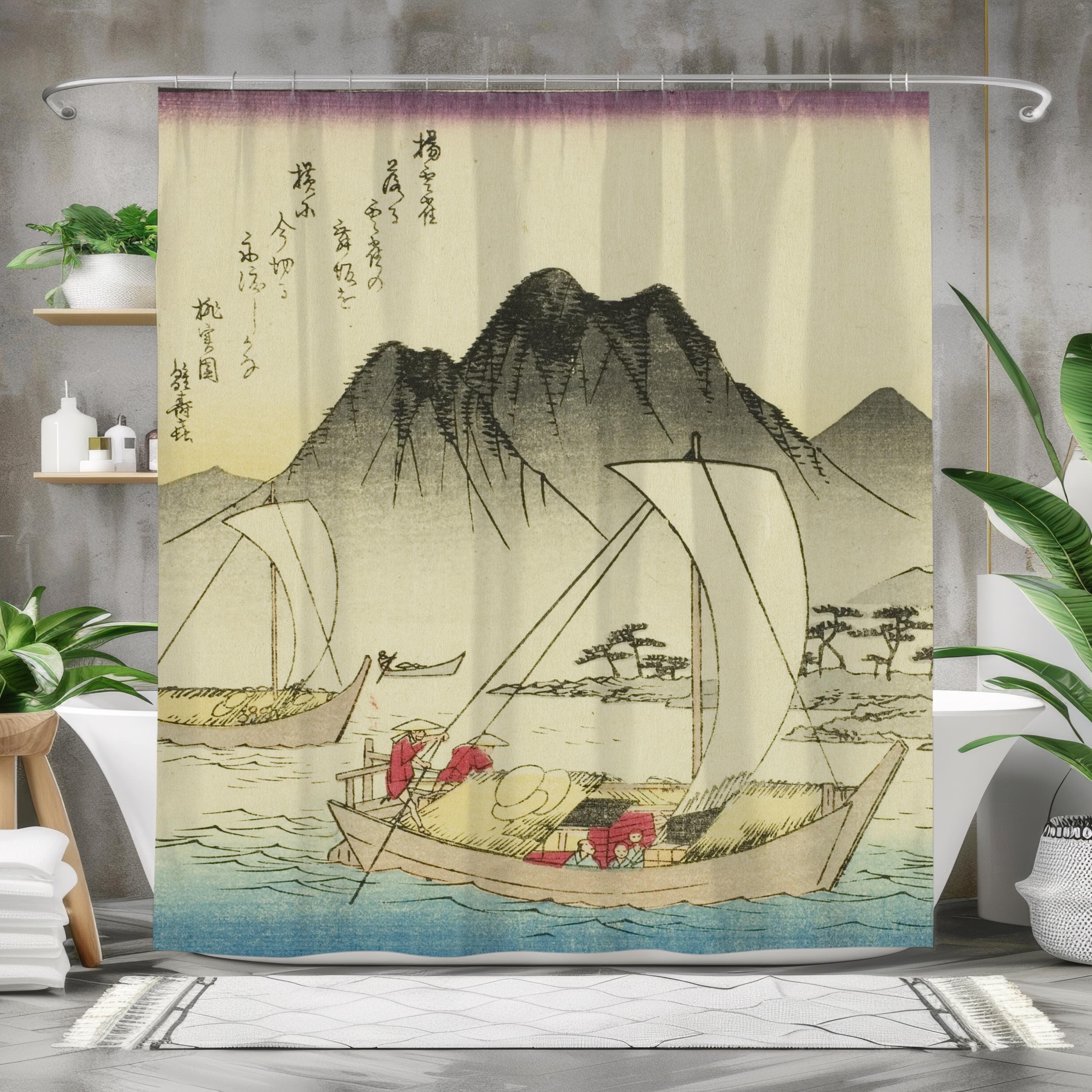 Asian Art Shower Curtain: 'Maisaka Ferry' Boat Scene Bathroom Decor - image 4