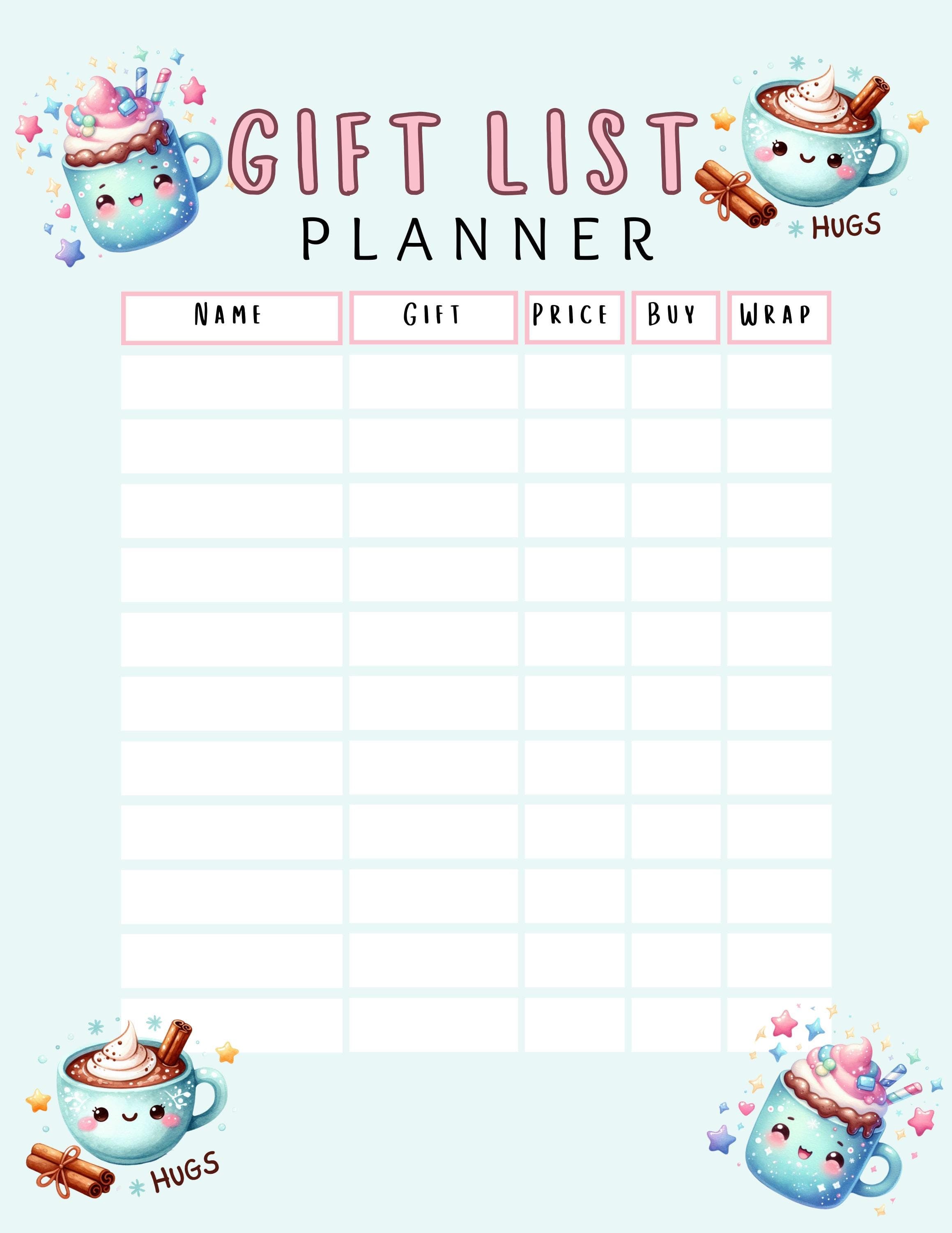 Printable Gift List Planner: Kawaii Hot Cocoa Design (PDF Download) - image 5