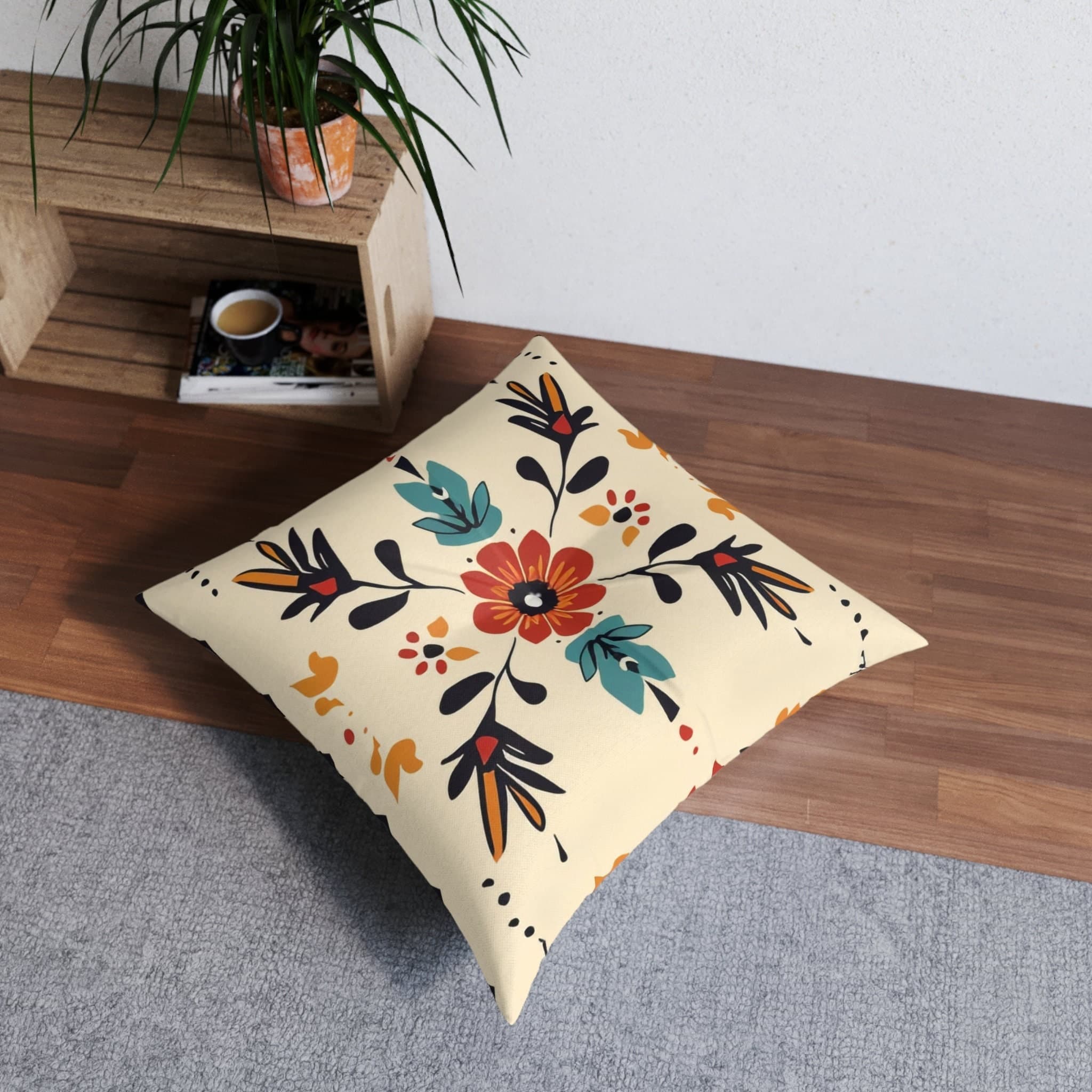 Tufted Boho Floor Pillow: Tan & Orange Floral Pillow Sham