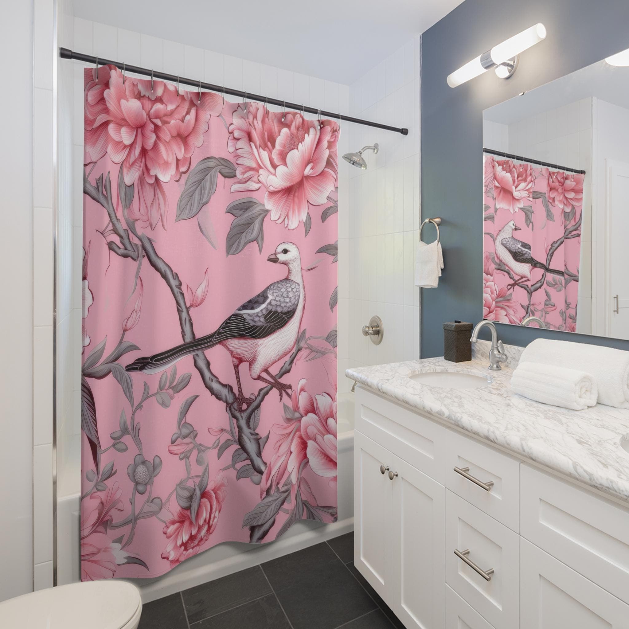 Vintage Bird and Peony Shower Curtain Pink Botanical Bathroom Decor - image 4