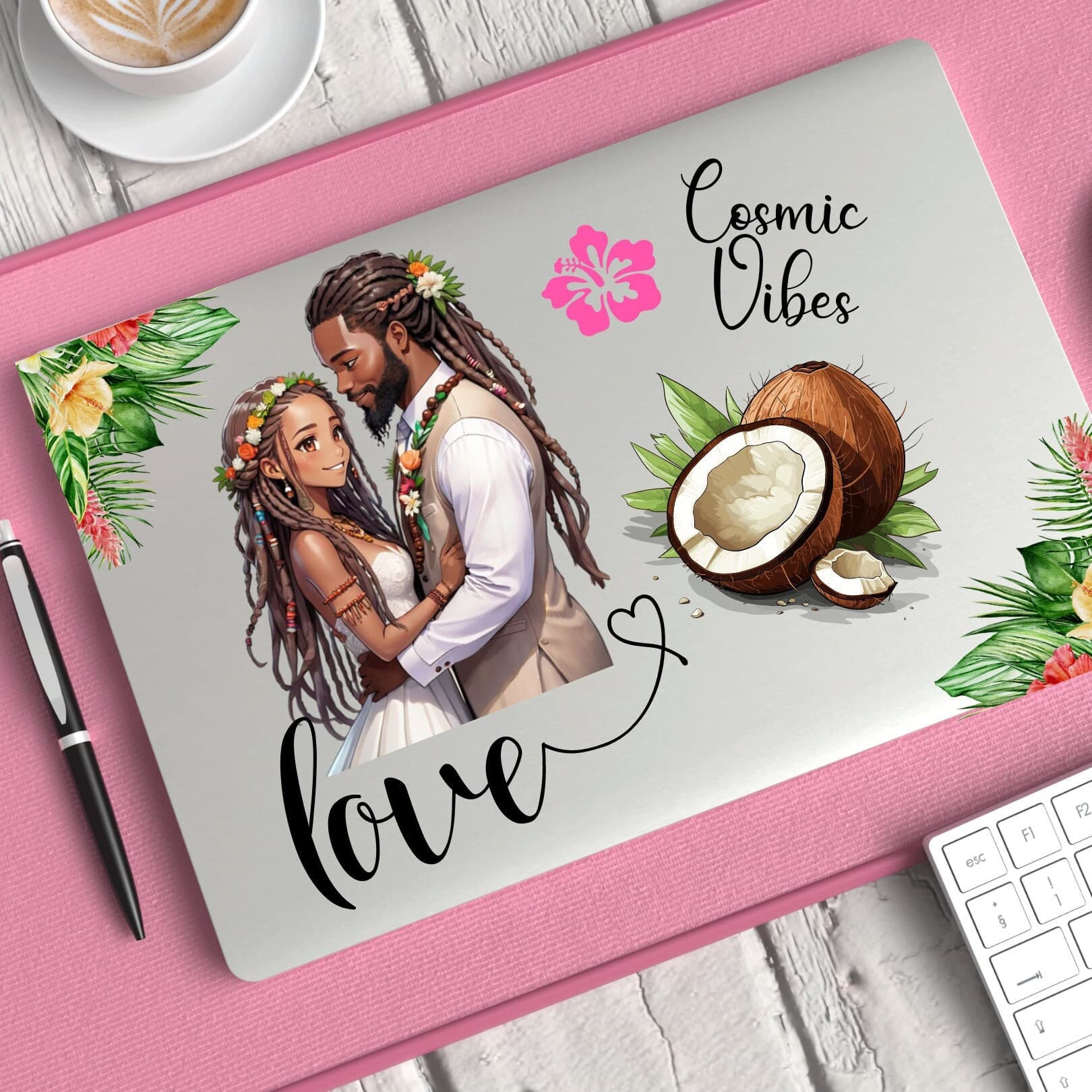 Boho Beach Wedding Couple Sticker: Tropical Dreadlocks Vinyl Decal