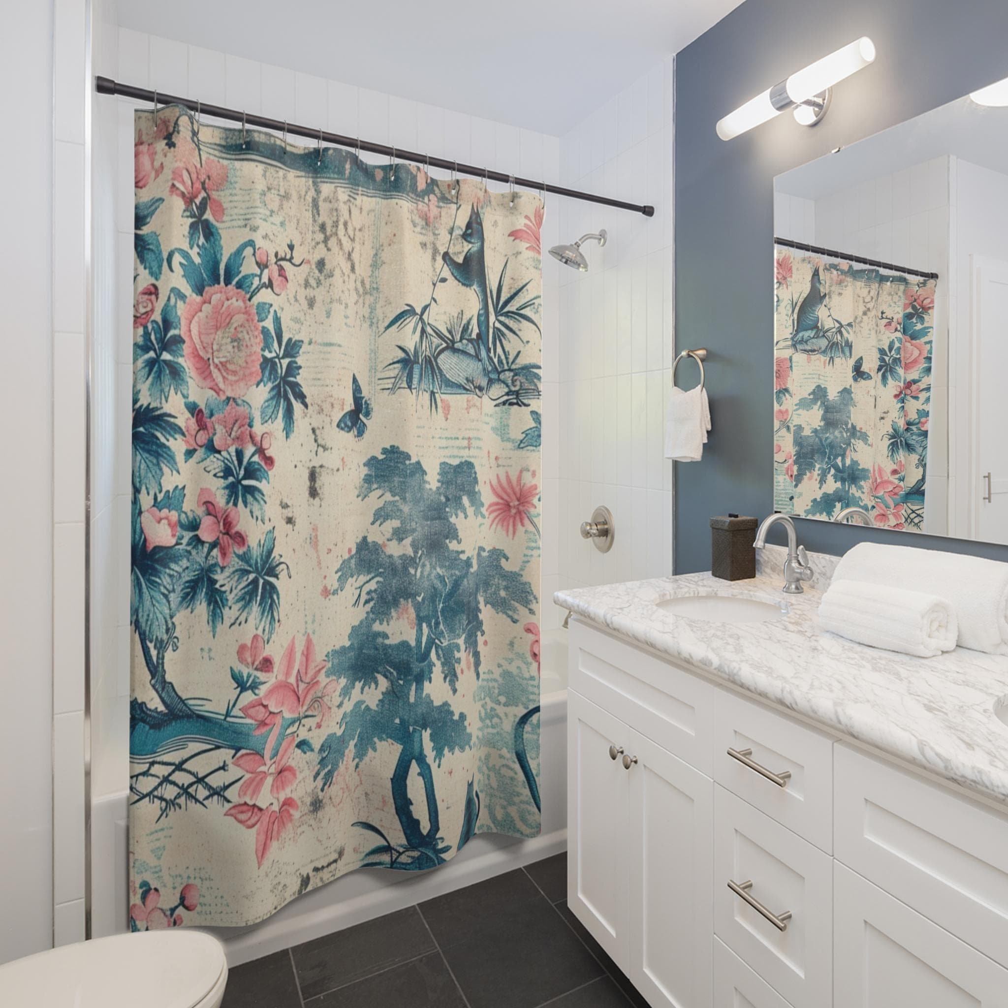 Cat Toile Shower Curtain: Pink Peonies, Teal Blue Japanese Art Inspired Bath Decor - image 5