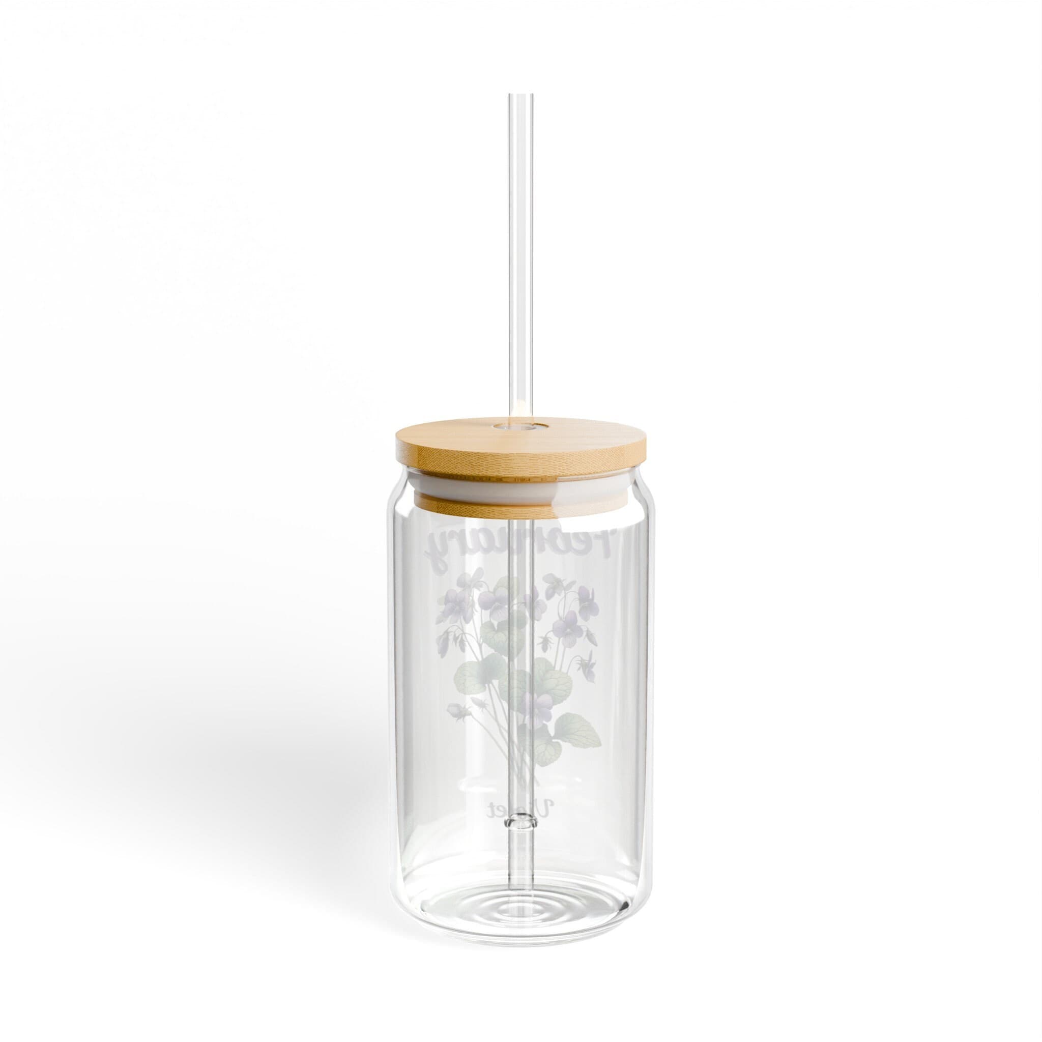 February Birth Flower Glass Jar: Violet Flower Cup with Bamboo Lid & Straw - image 5