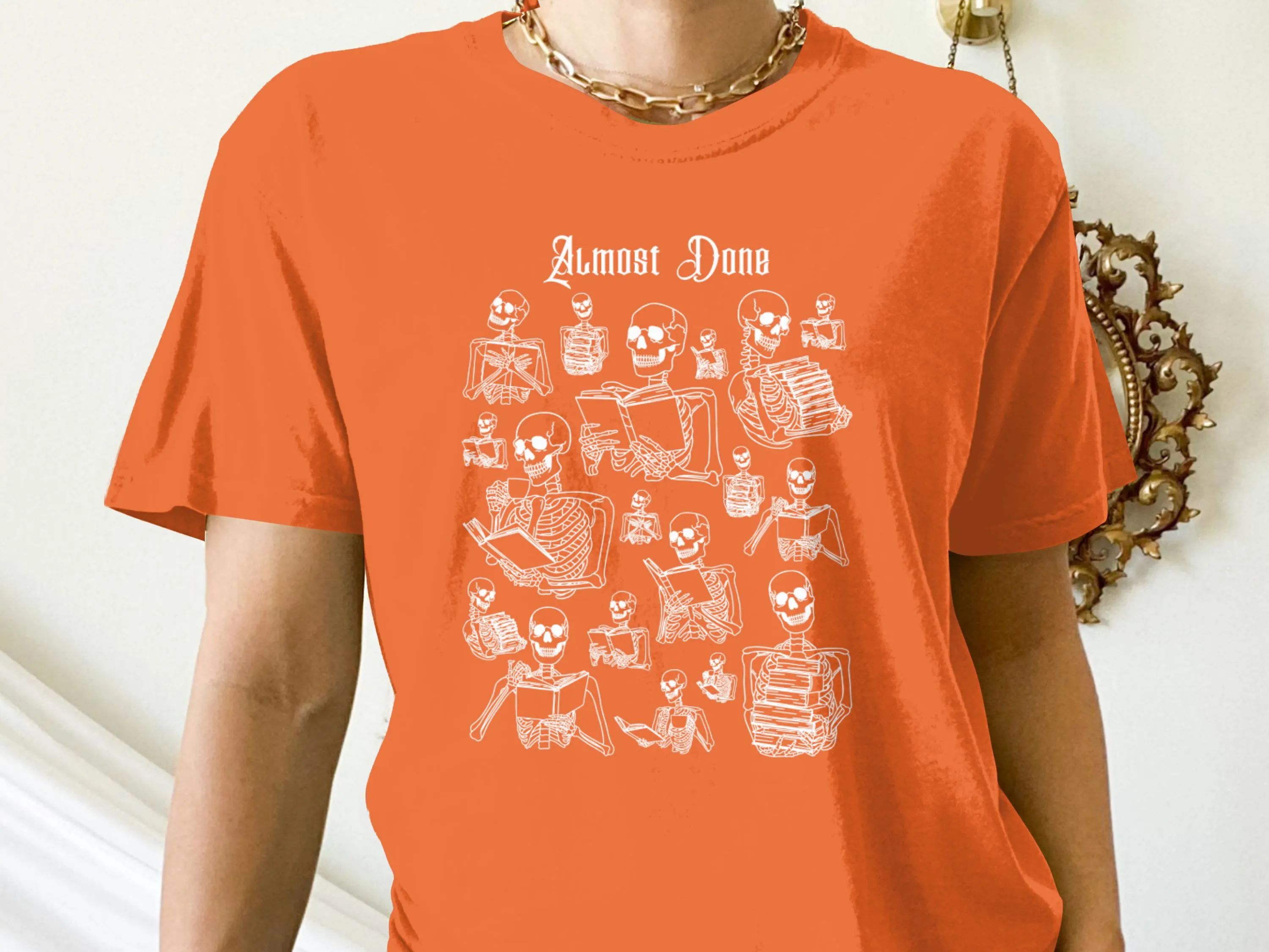 The "Almost Done" Funny Skeletons Reading T-Shirt Book Worm Tee Book Lover Gift Nerd Book Club Spooky Halloween Bookish Hoodie Skeleton meme - image 5