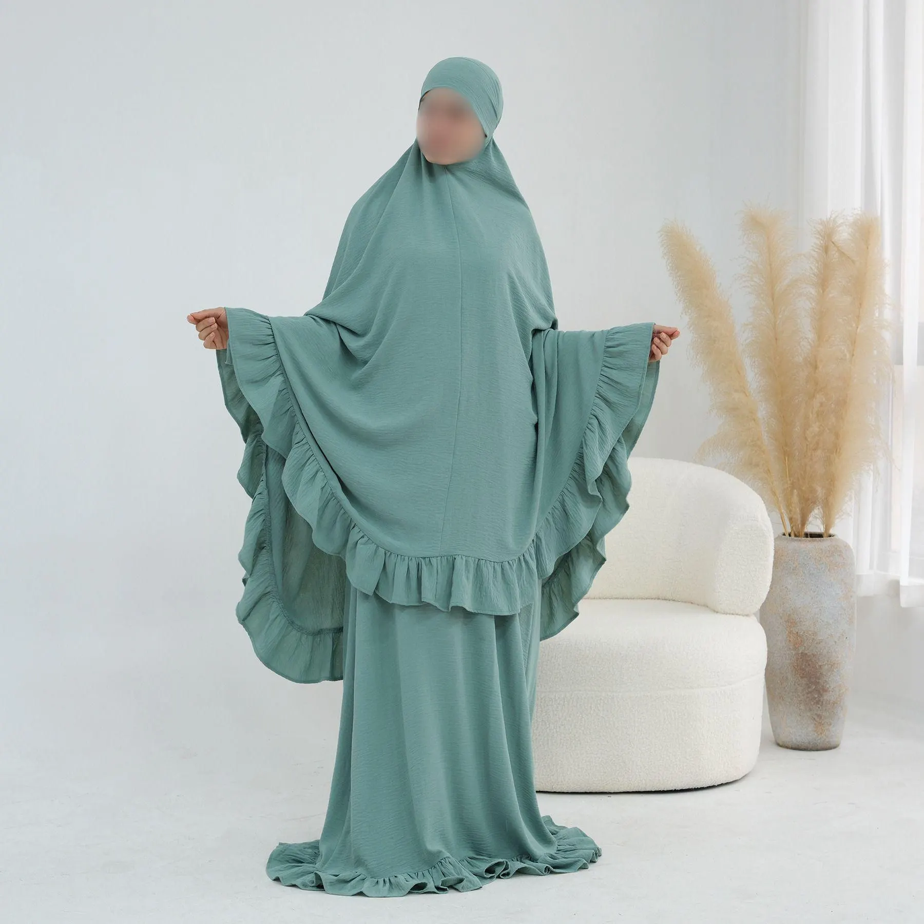 2 Piece Prayer Set Abaya Khimar | Ruffle Trim Crinkle Polyester Modest Wear - image 3