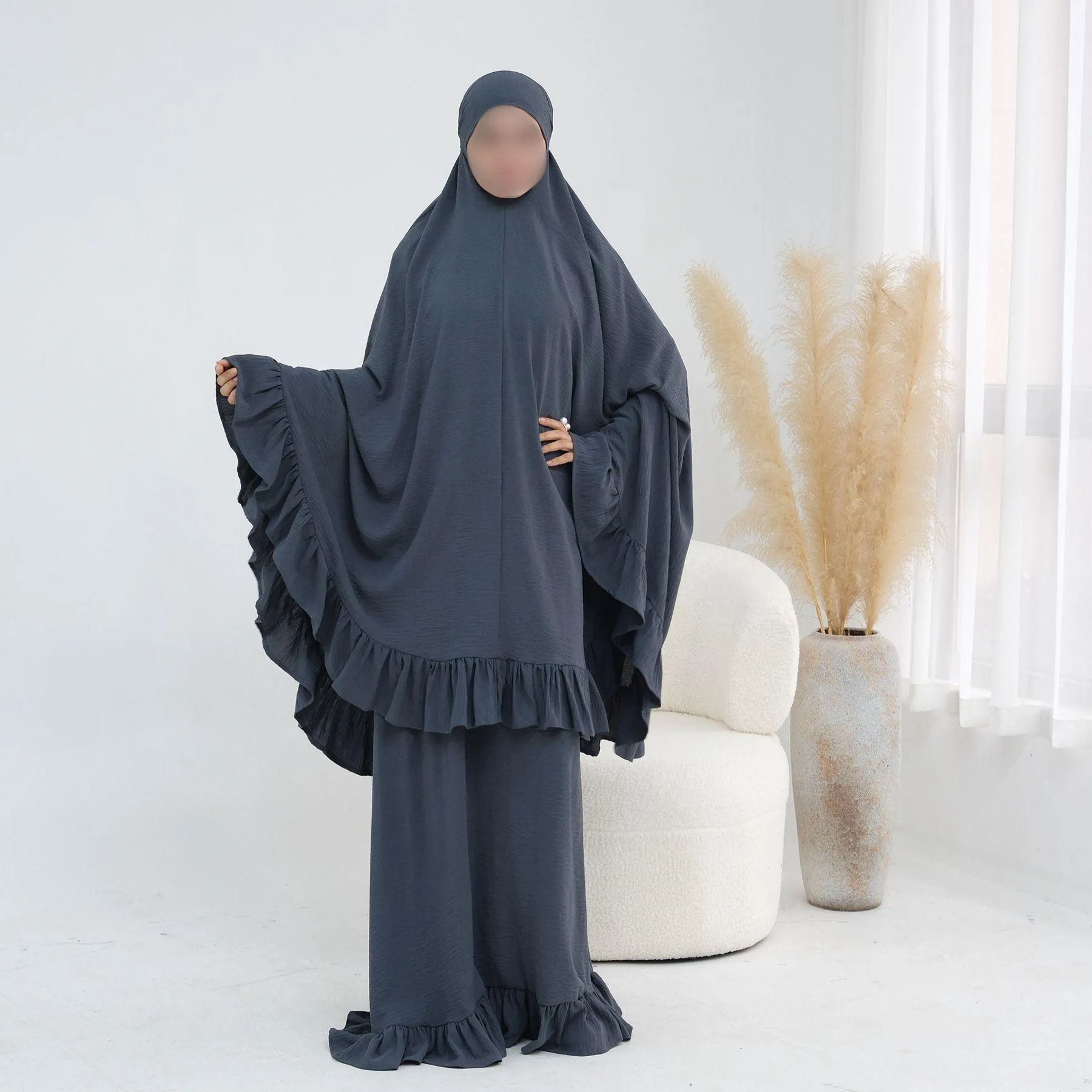 2 Piece Prayer Set Abaya Khimar | Ruffle Trim Crinkle Polyester Modest Wear - image 4