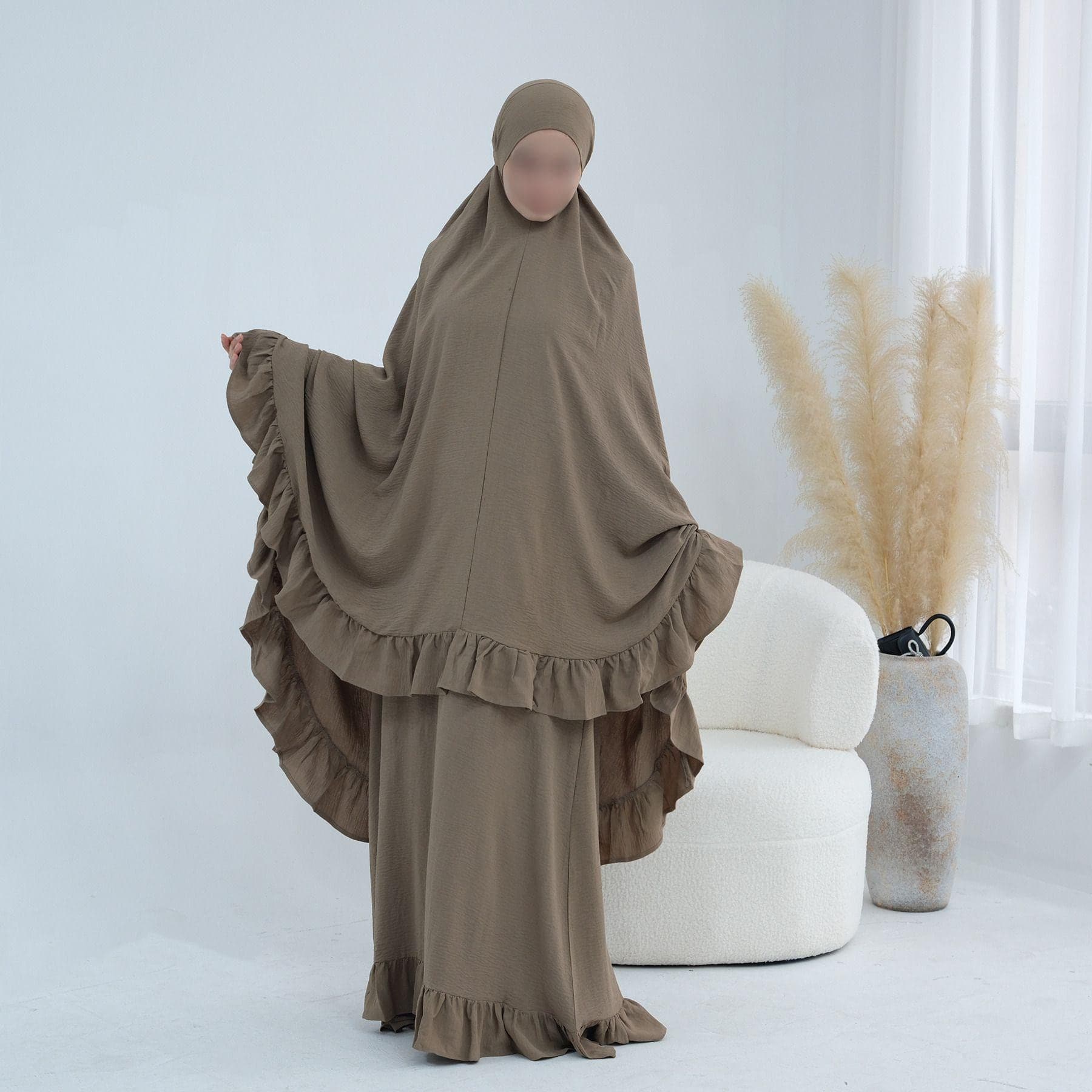 2 Piece Prayer Set Abaya Khimar | Ruffle Trim Crinkle Polyester Modest Wear
