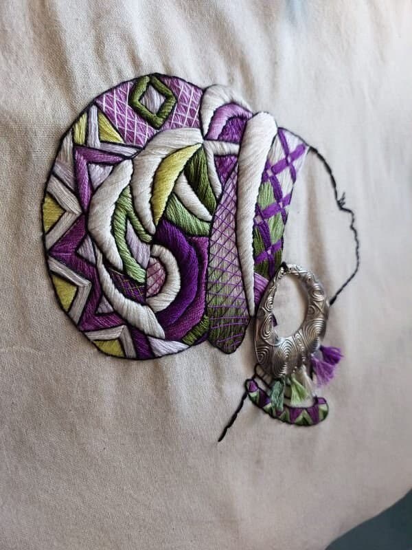 Luxurious Embroidered Tote Bag with Purple Silk Lining - Unique Hand-Sewn Artisanal Accessory