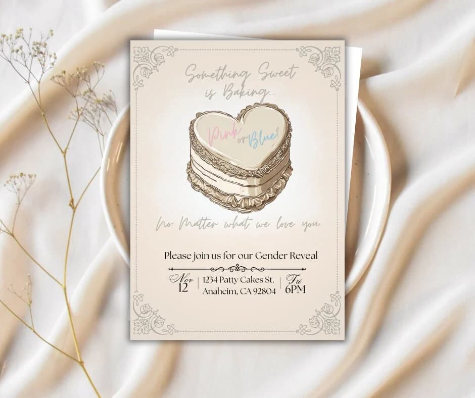 vintage heart cake baby announcement cake gender reveal invitation vintage gender reveal invite  Gender Neutral heart cake gender reveal