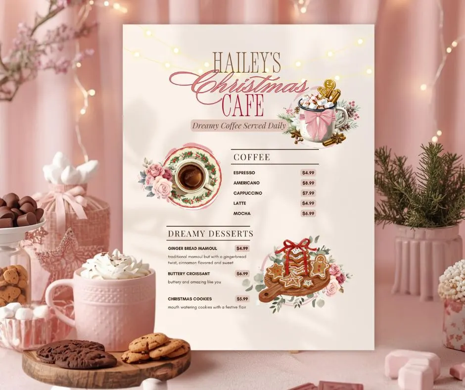 girly vintage christmas cafe menu christmas coffee menu christmas bar menu printable holiday menu template digital girly holiday party menu