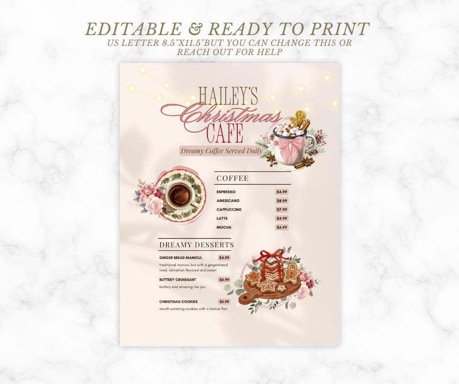 girly vintage christmas cafe menu christmas coffee menu christmas bar menu printable holiday menu template digital girly holiday party menu - image 5