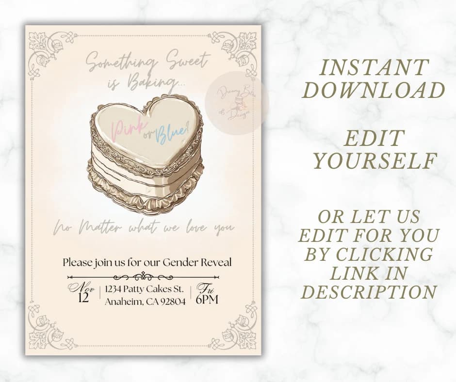 vintage heart cake baby announcement cake gender reveal invitation vintage gender reveal invite  Gender Neutral heart cake gender reveal - image 5