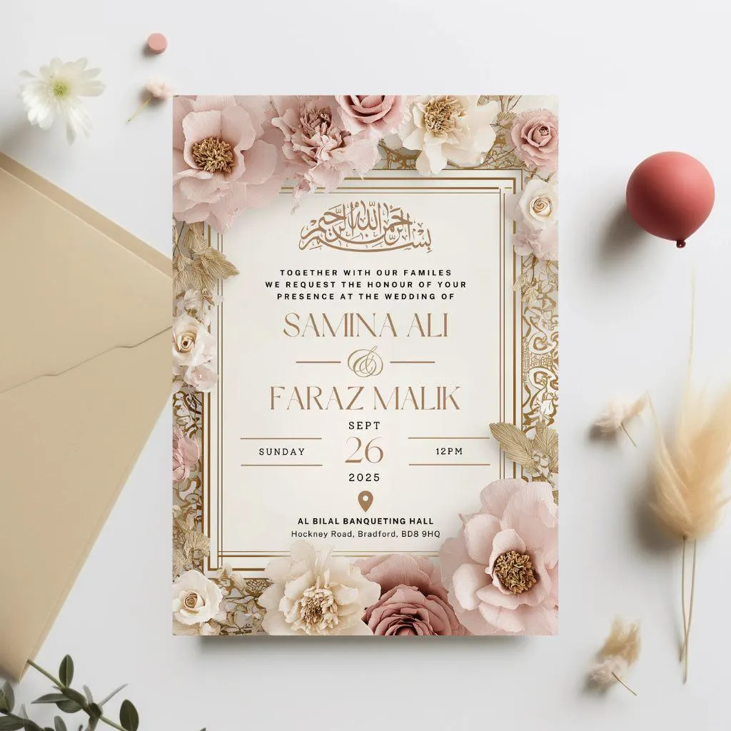 Digital Muslim Wedding Invitation Template, Electronic Pink Baraat Nikkah Walima Invite, Editable Islamic wedding invite Reception Evite - image 3