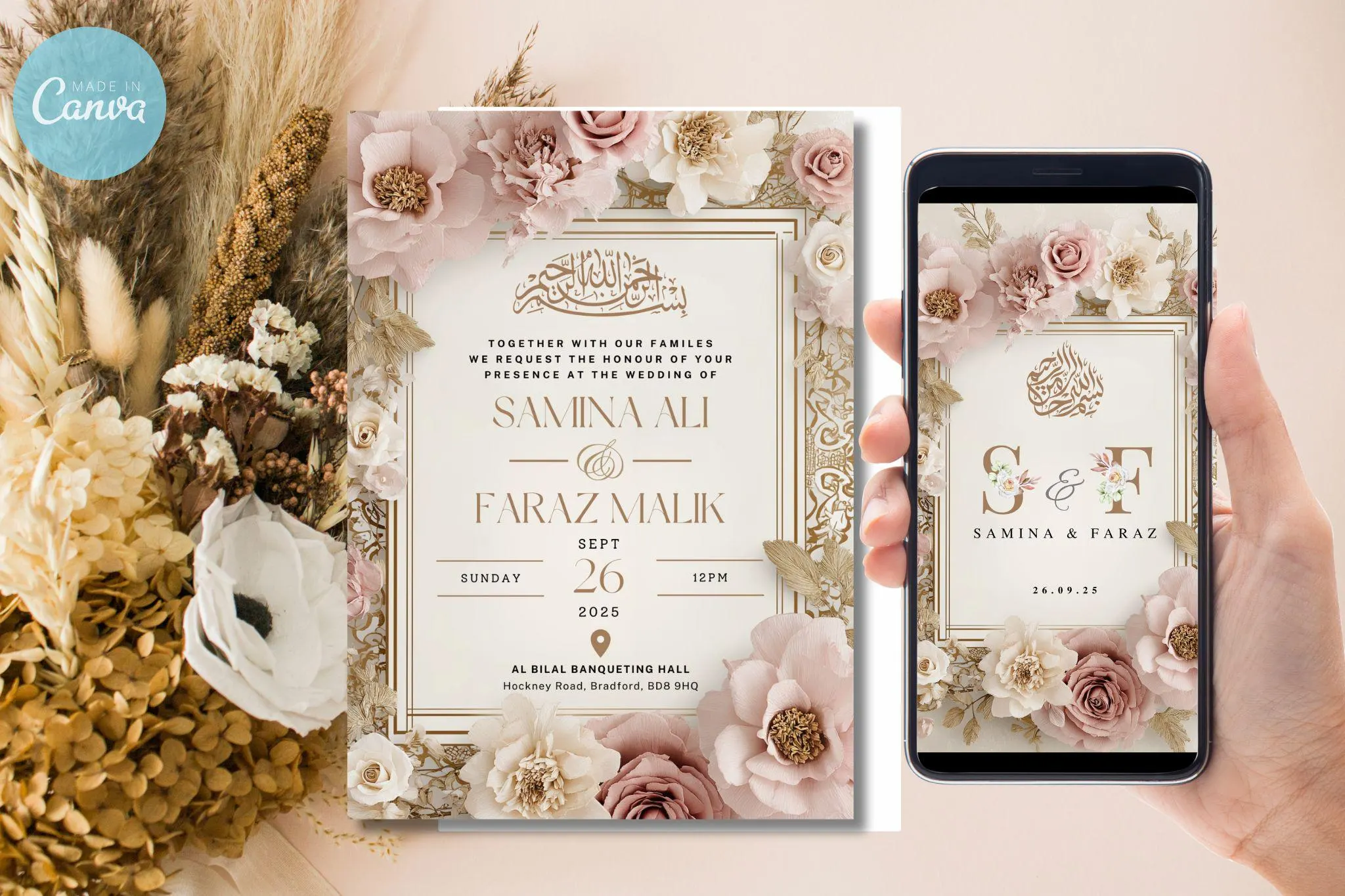 Digital Muslim Wedding Invitation Template, Electronic Pink Baraat Nikkah Walima Invite, Editable Islamic wedding invite Reception Evite