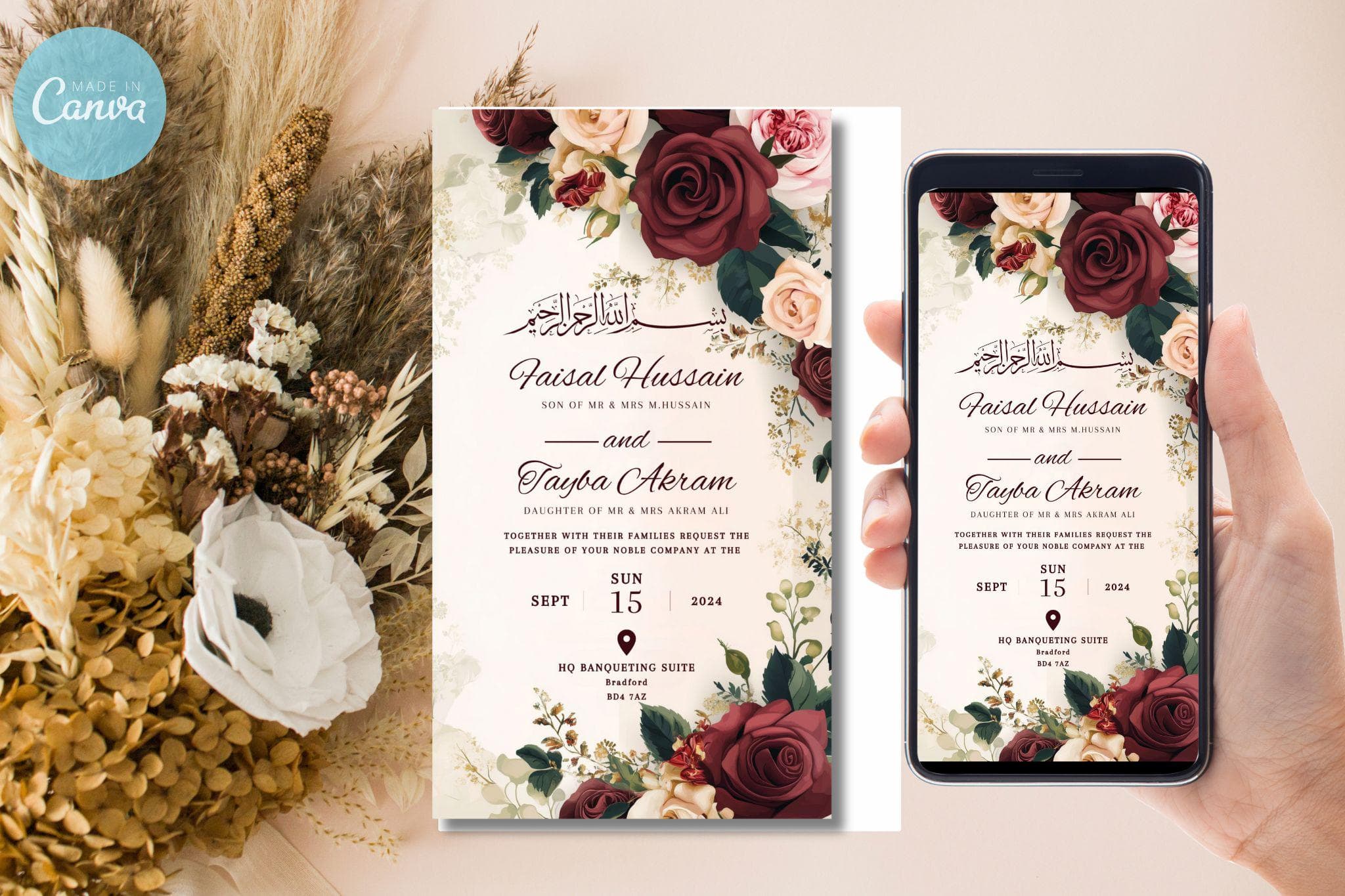 Floral Muslim Wedding Invitation: Red Roses, Islamic Nikah (Digital Download)
