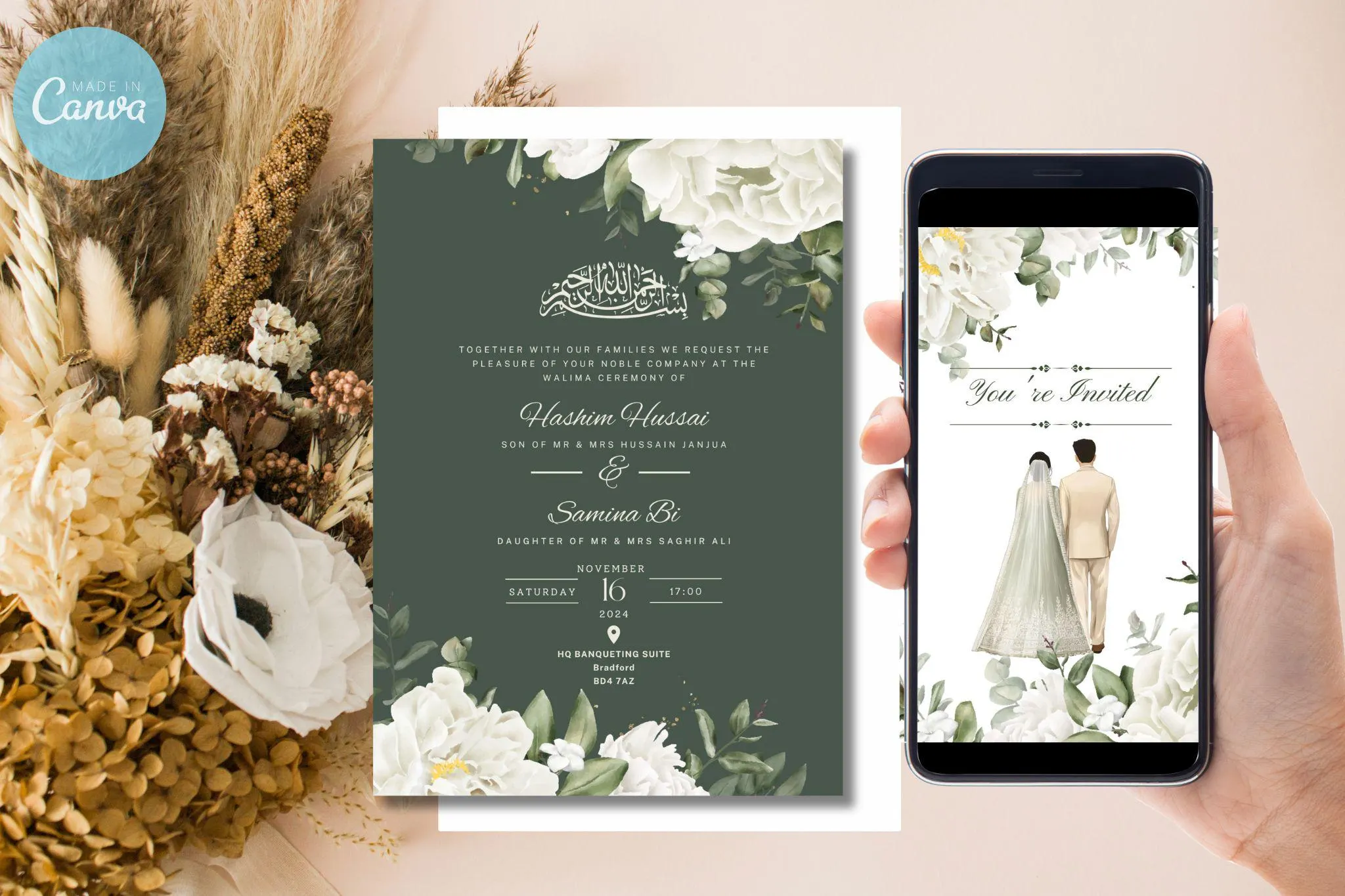 Digital Muslim Wedding Invitation Template, Electronic White roses Walima Invitation, Editable Islamic wedding invite, Couple illustration