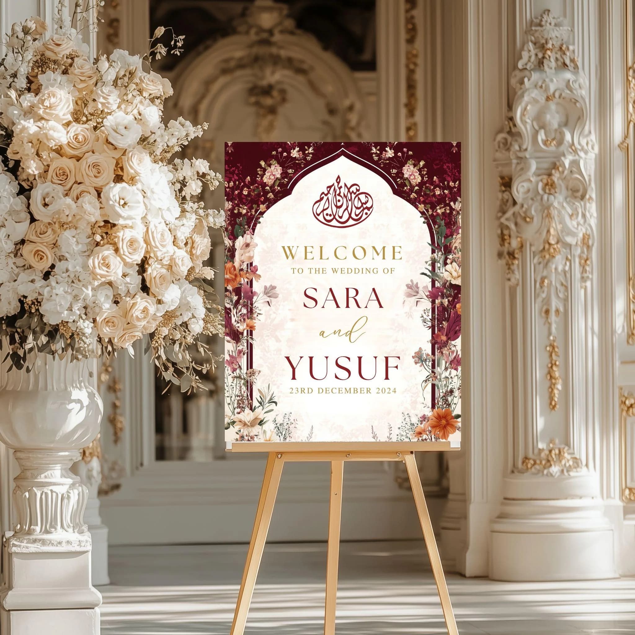 Baraat welcome sign as wedding decor, Red Maroon Nikkah welcome sign, Personalised Wedding Signboard, Wedding welcome sign, Shadi sign - image 5