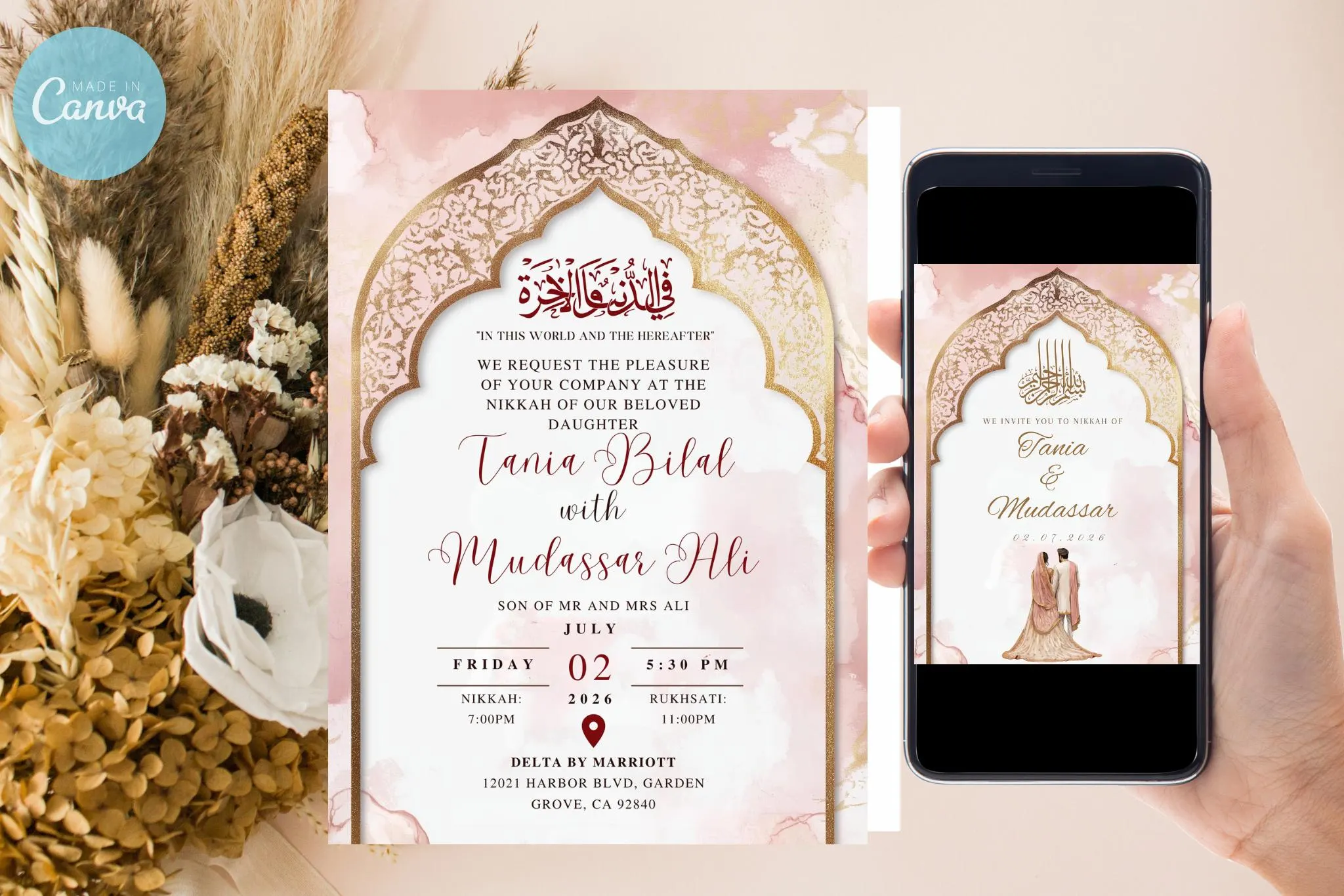 Digital Muslim Wedding Invitation: Elegant Arch Nikah, Floral Watercolor (Canva Template, 5x7, Digital Download)