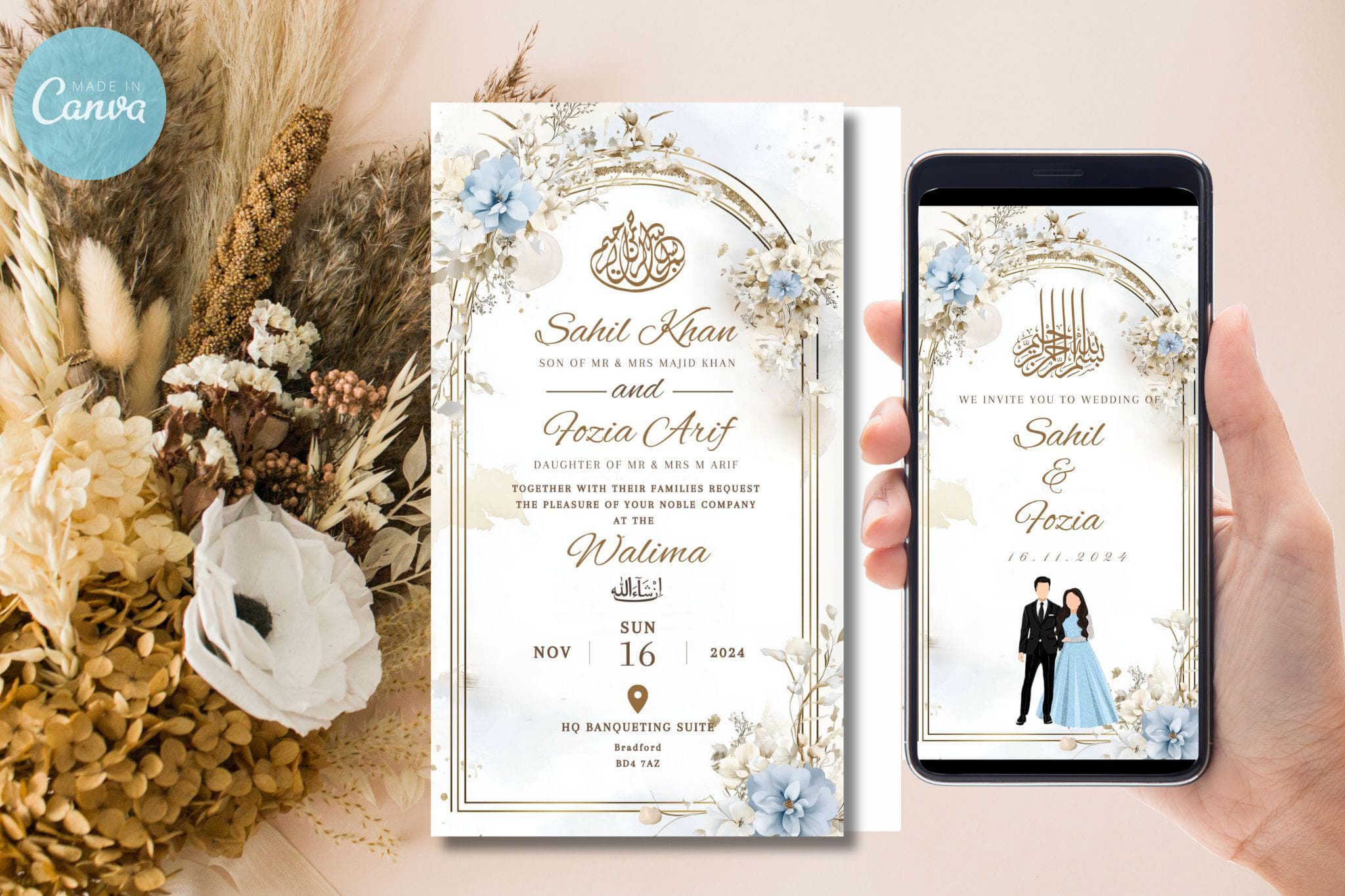 Elegant Muslim Wedding Invitation Template: Floral Arch (Digital Download)
