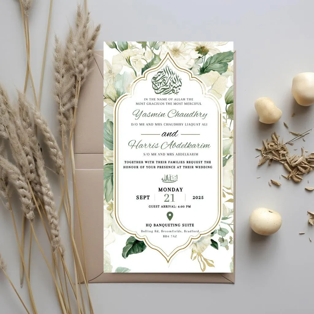 Digital Muslim Wedding Invitation Template, Electronic Green roses Walima Invitation, Editable Islamic wedding invite, Couple illustration - image 4