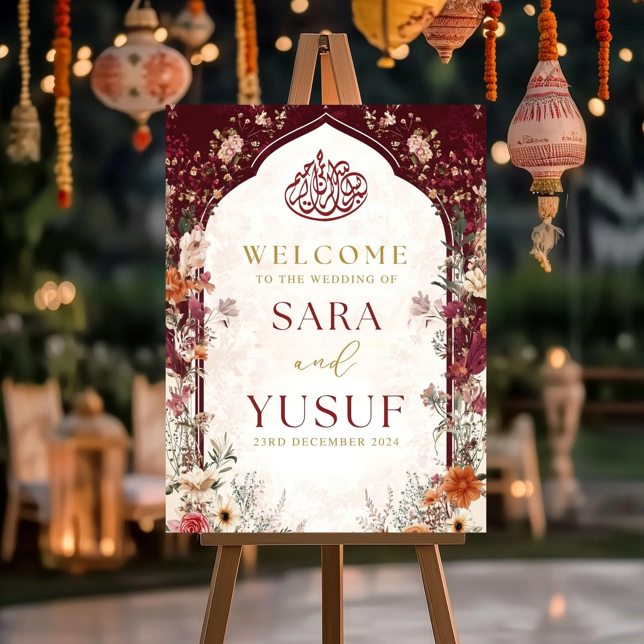 Baraat welcome sign as wedding decor, Red Maroon Nikkah welcome sign, Personalised Wedding Signboard, Wedding welcome sign, Shadi sign - image 4