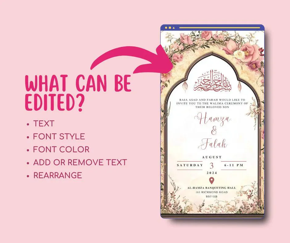 Digital Muslim Wedding Invitation Template, Floral Pink Beige Elegant Mughal Nikkah Invite, Editable Islamic wedding invite Reception Evite - image 5