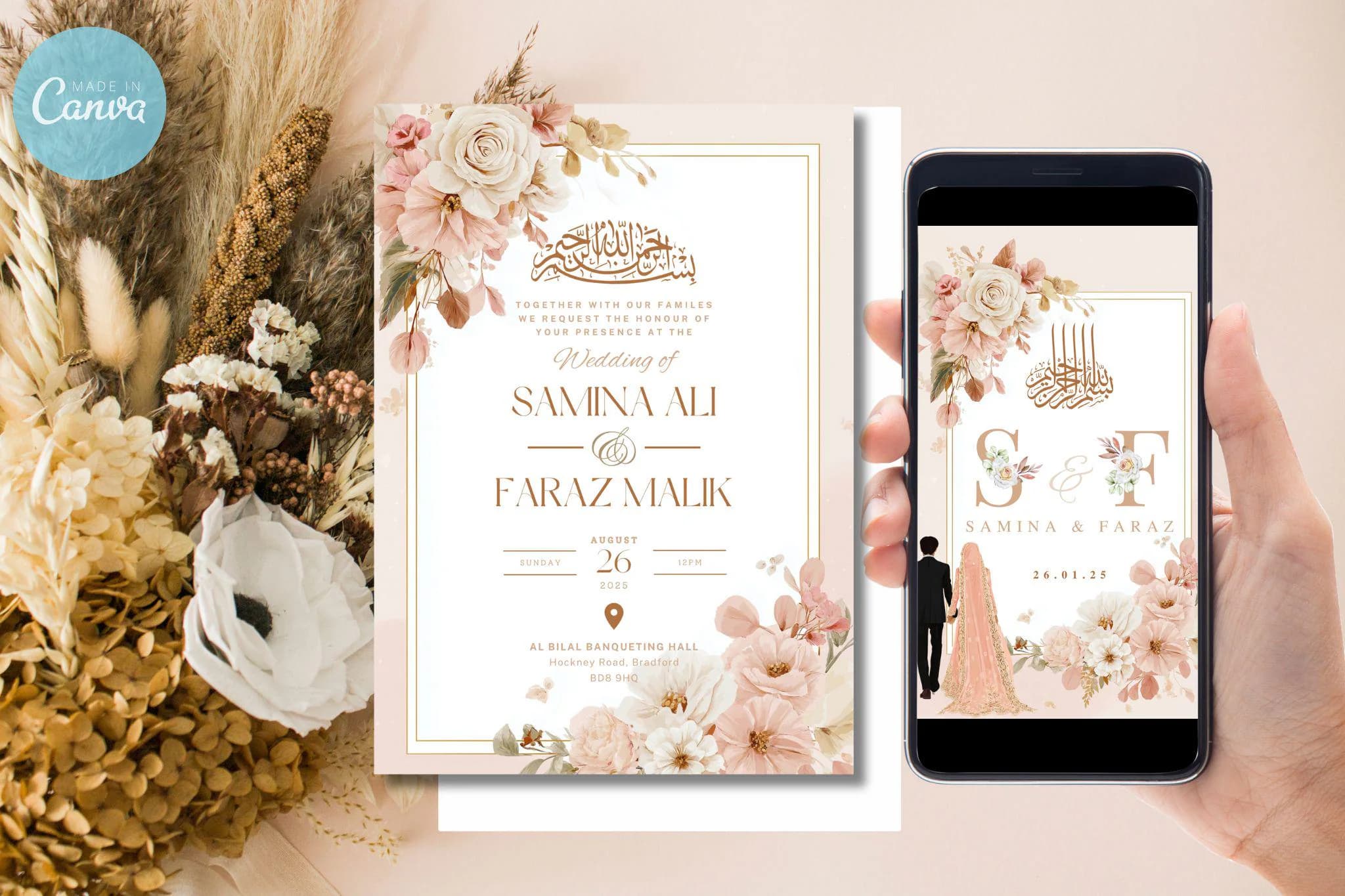 Digital Muslim Wedding Invitation Template, Electronic Elegant Baraat Nikkah Walima Invite, Editable Islamic wedding invite Reception Evite
