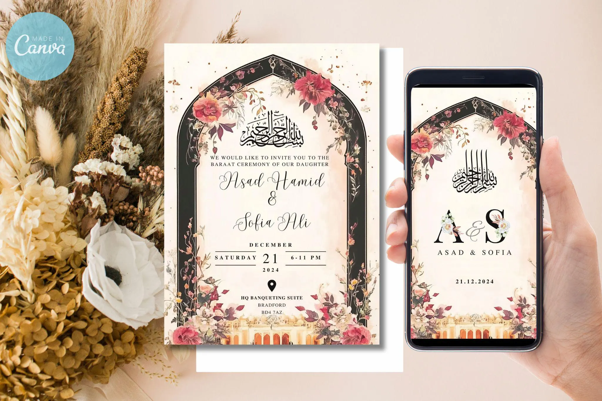 Elegant Mughal Muslim Wedding Invitation Template (Digital Download)