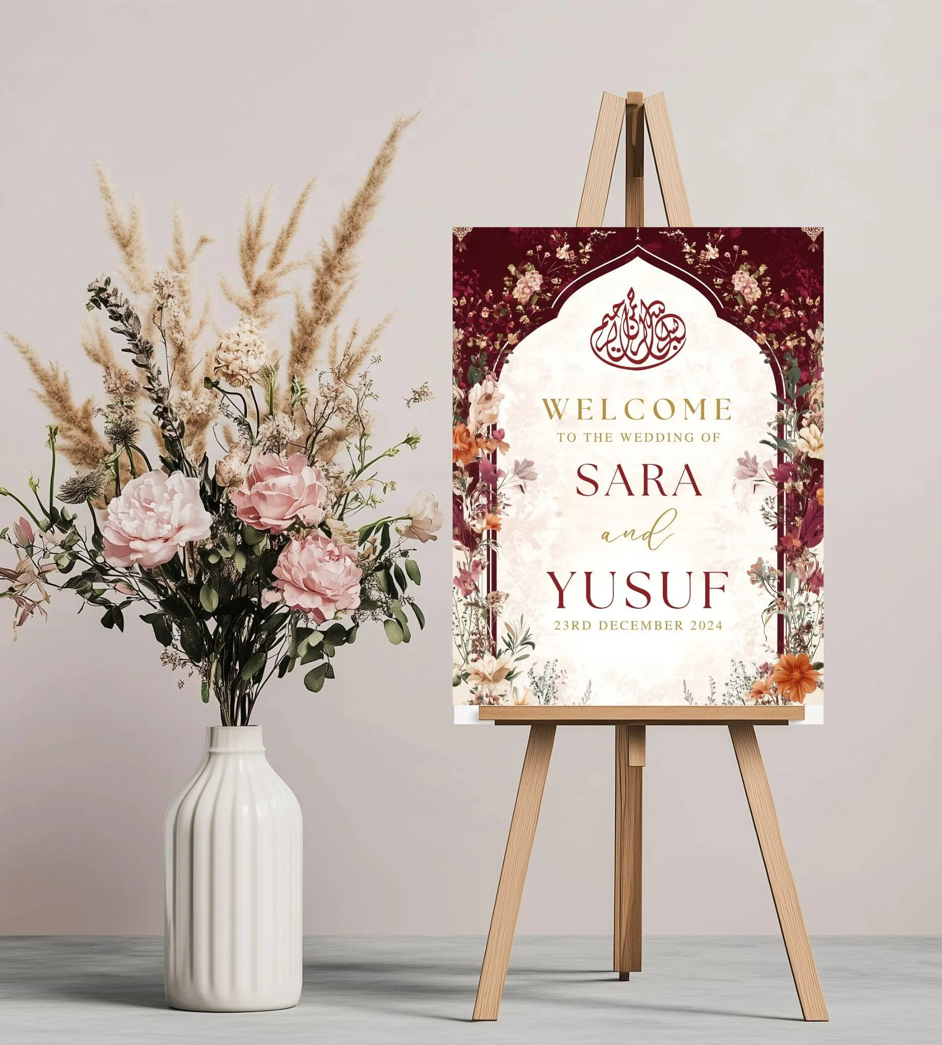 Baraat welcome sign as wedding decor, Red Maroon Nikkah welcome sign, Personalised Wedding Signboard, Wedding welcome sign, Shadi sign - image 3