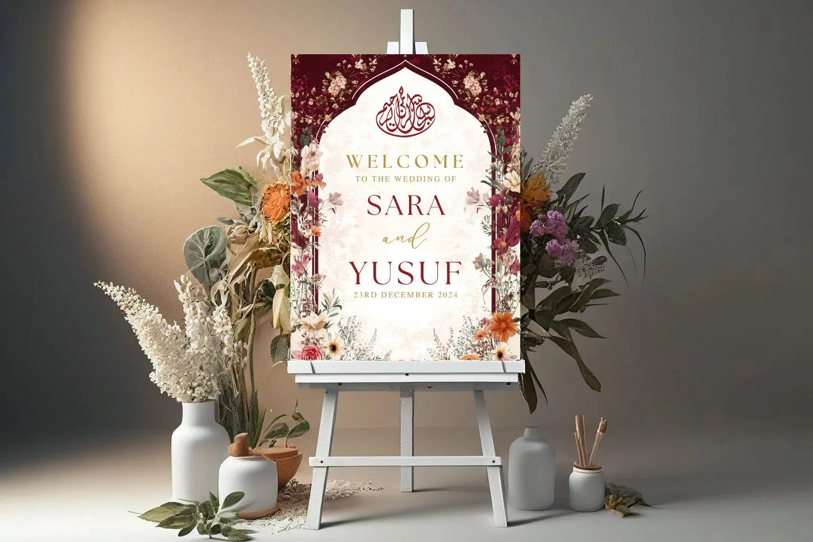 Baraat welcome sign as wedding decor, Red Maroon Nikkah welcome sign, Personalised Wedding Signboard, Wedding welcome sign, Shadi sign