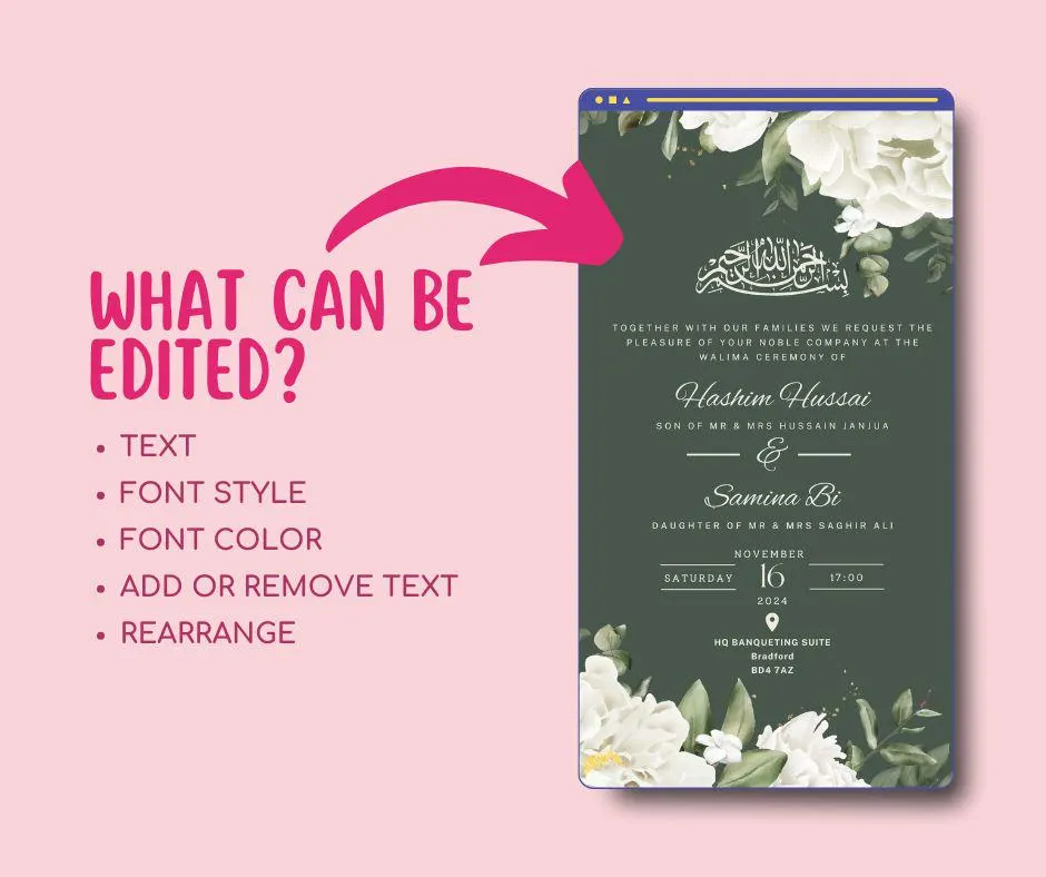 Digital Muslim Wedding Invitation Template, Electronic White roses Walima Invitation, Editable Islamic wedding invite, Couple illustration - image 3