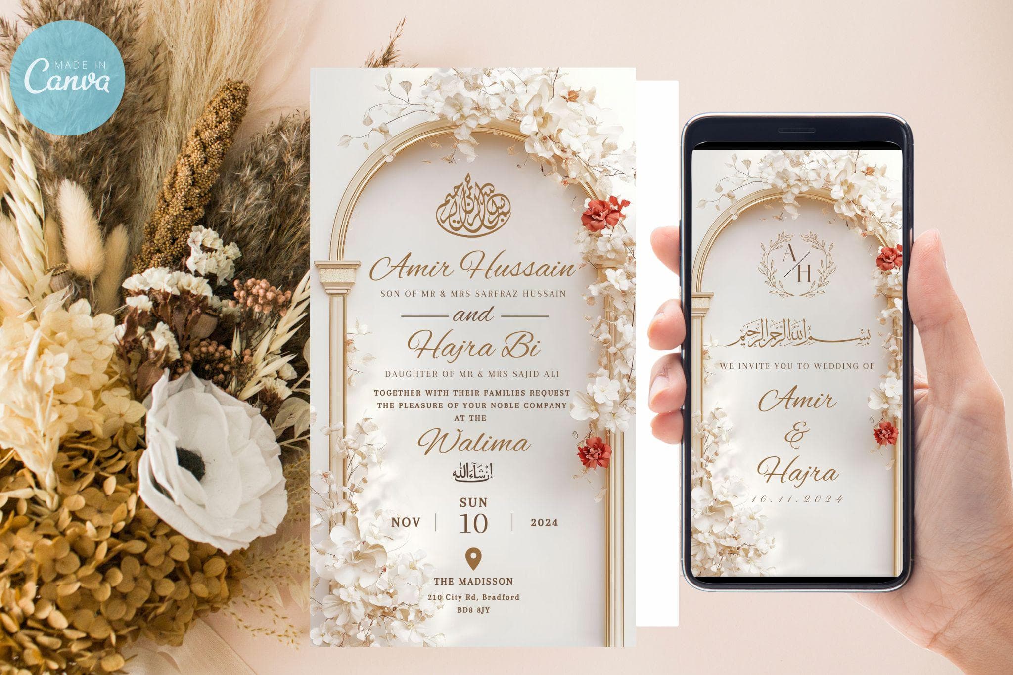 Digital Muslim Wedding Invitation Template, Electronic Elegant Arch Nikah Invite, Editable Islamic wedding Baraat invite, Cream Arch invite