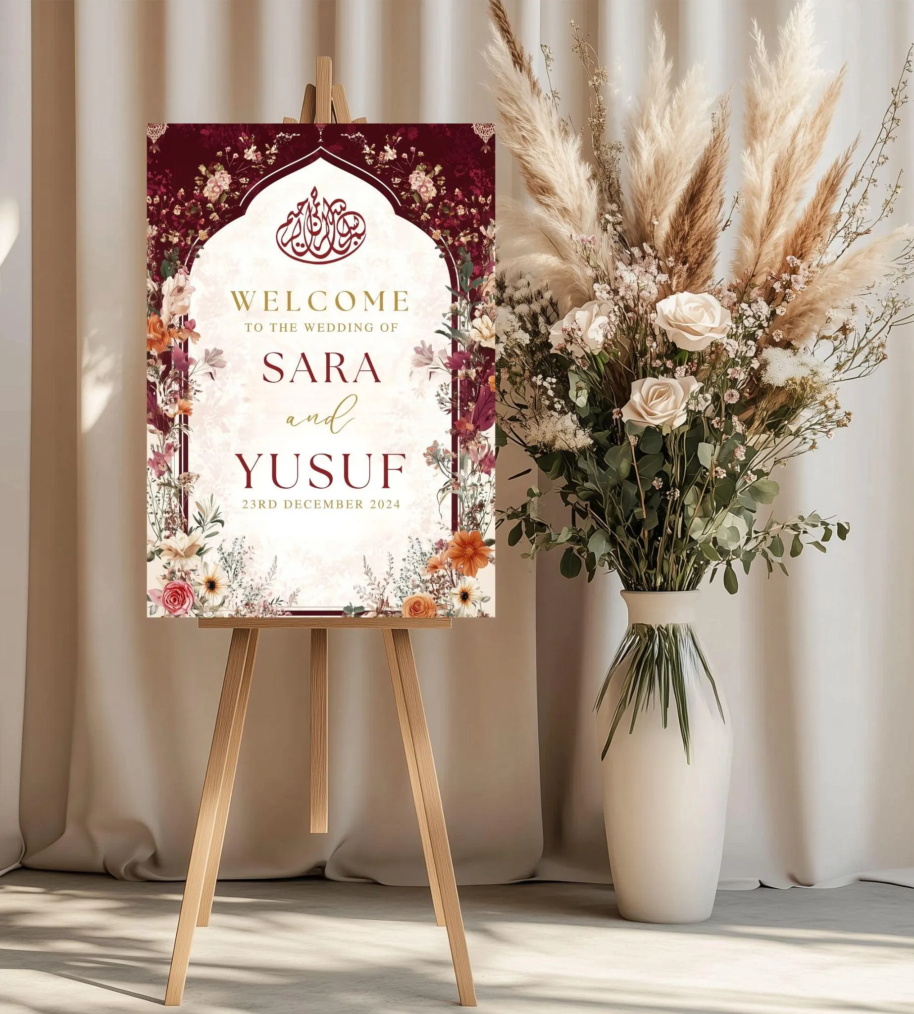 Baraat welcome sign as wedding decor, Red Maroon Nikkah welcome sign, Personalised Wedding Signboard, Wedding welcome sign, Shadi sign - image 2