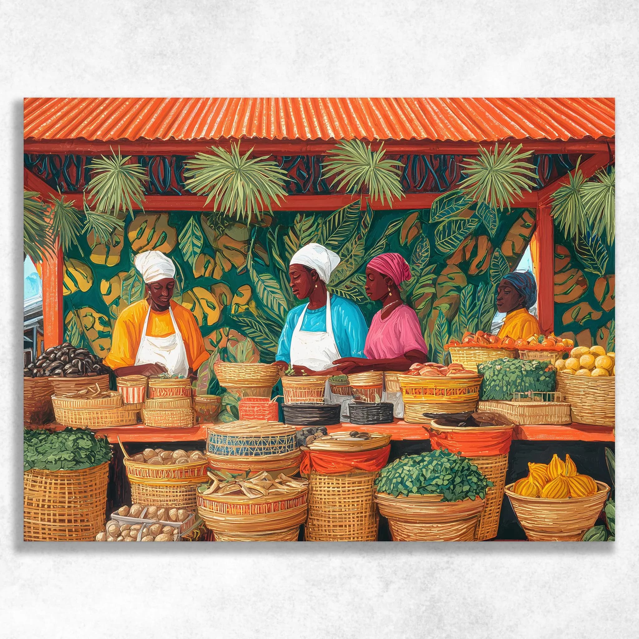 Grenada Spice Market Canvas Wall Art - Colorful Caribbean Fruit Vendors Tropical Island Culture Home Decor Gift Print for Market Lovers