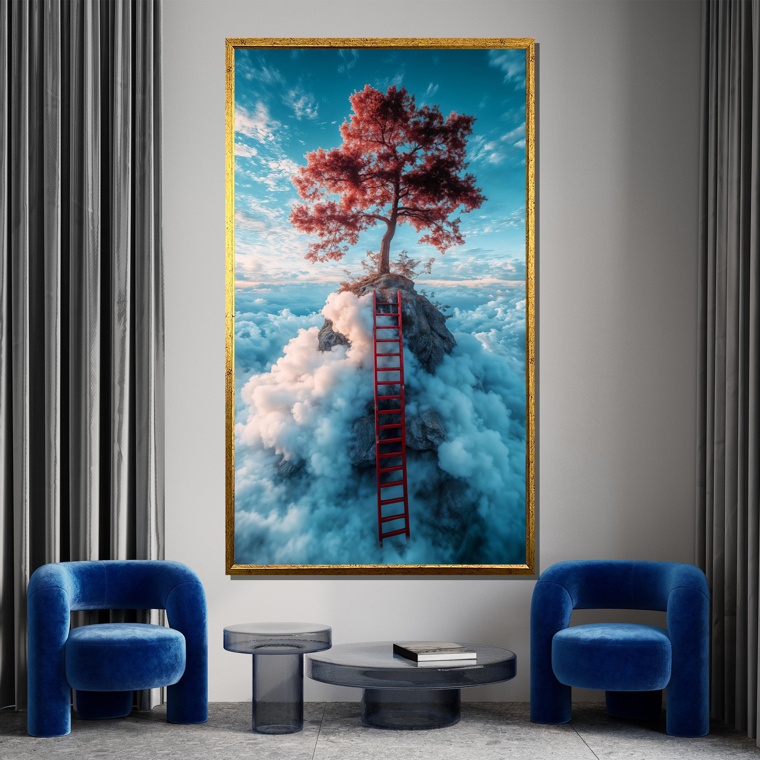 Surreal Tree Canvas Painting, Dreamy Cloud Landscape Wall Art, Fantasy Red Tree Print, Whimsical Sky Decor, Mystical Nature Gift for Home - image 3