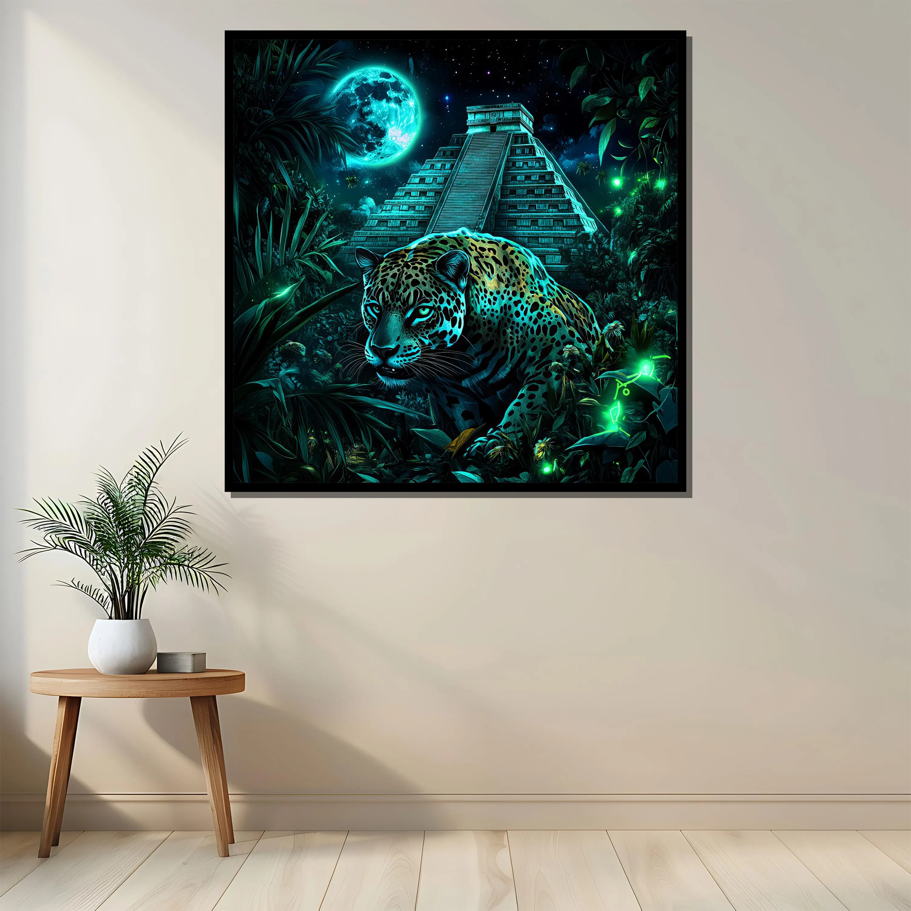 Jaguar Canvas Painting, Mystical Mayan Temple Wall Art with Moonlight, Jungle Animal Artwork for Living Room, Unique Gift Idea - image 4