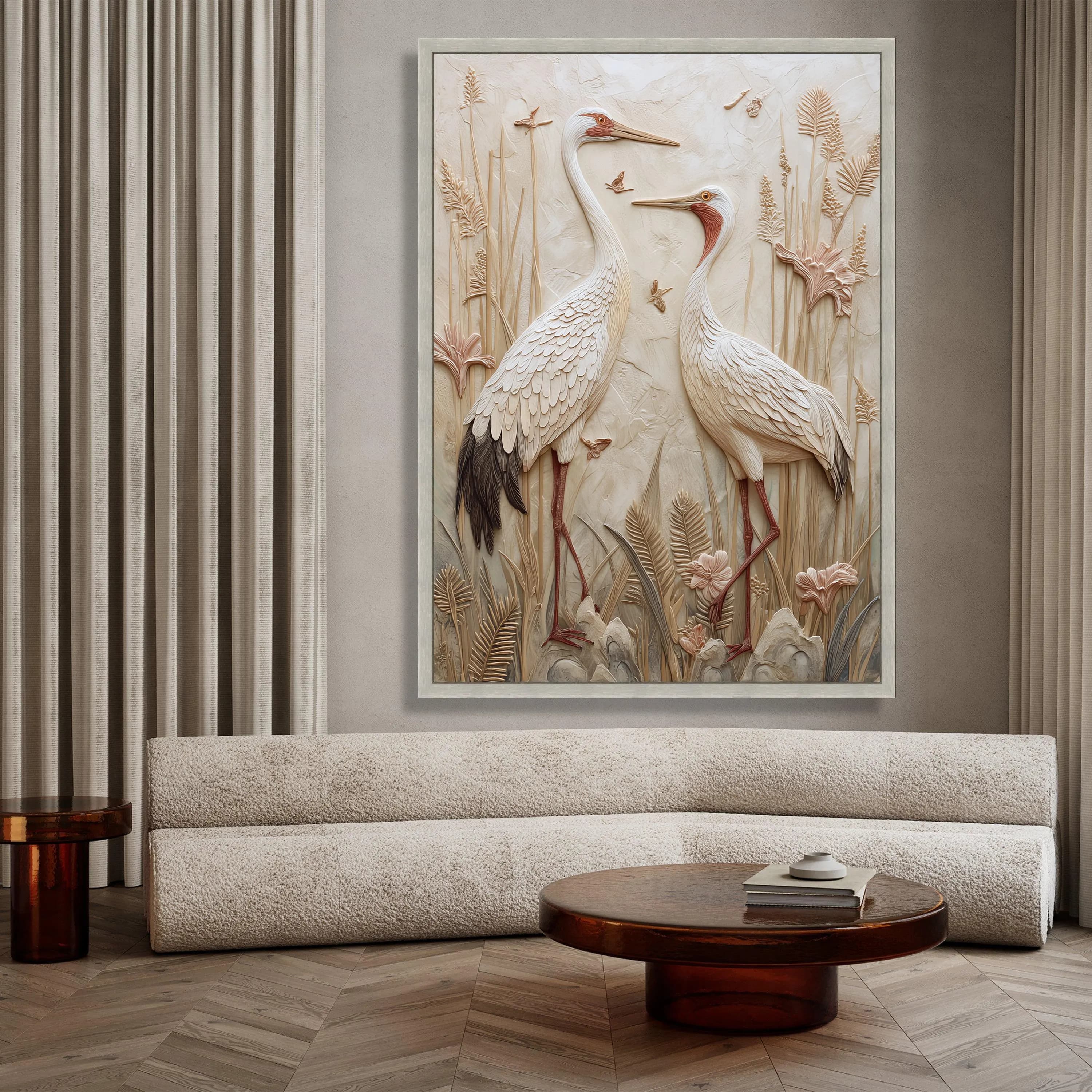 Elegant Crane Birds Canvas Wall Art, Wildlife Decor, Effect, Neutral Tones, Botanical Scene, Housewarming Art Gift, Ready to Hang Art Canvas - image 4