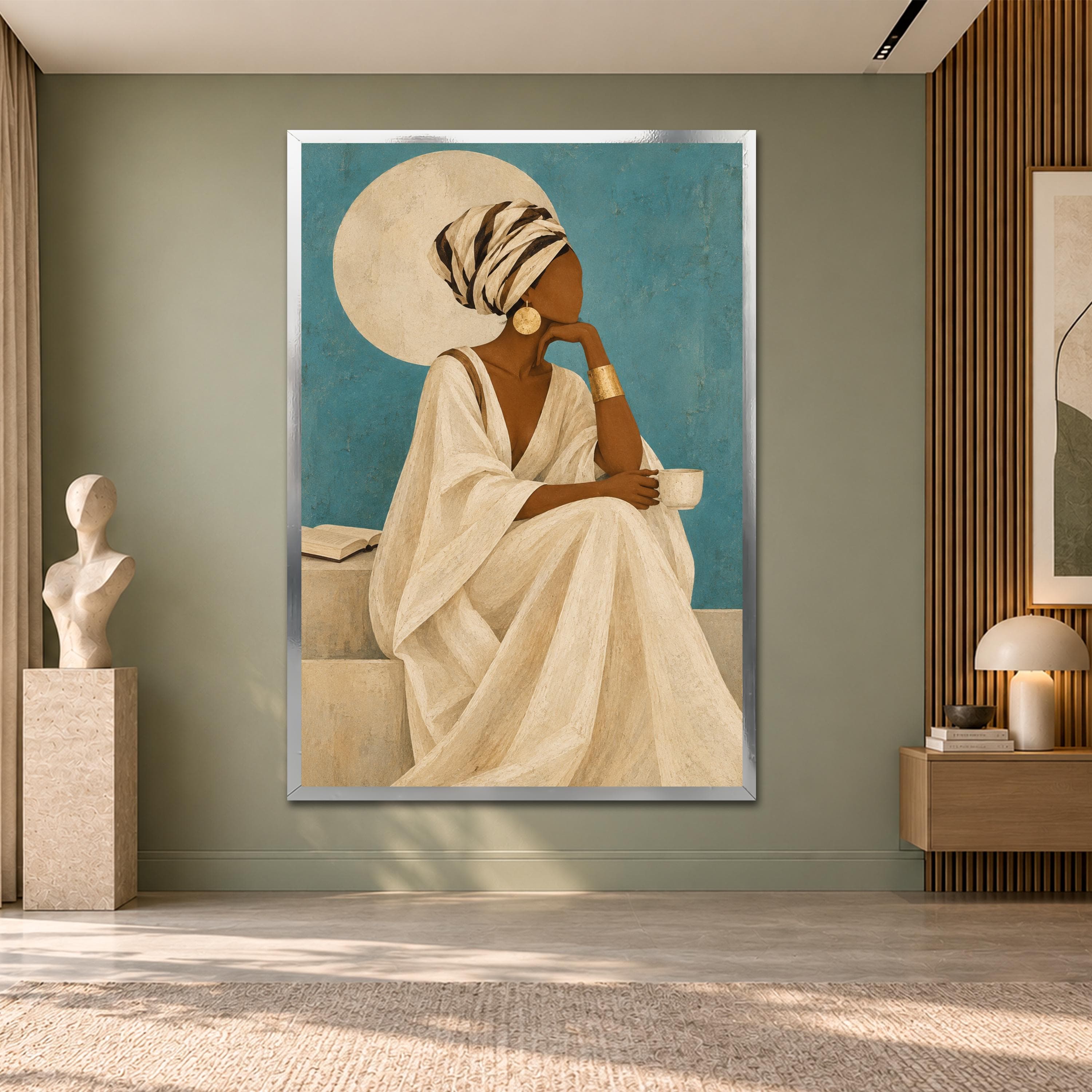 African Woman Canvas Wall Art, Elegant Headwrap Portrait, Blue Boho Decor, Minimalist Feminine Print, Coffee Lover Artwork, Afrocentric Gift - image 4