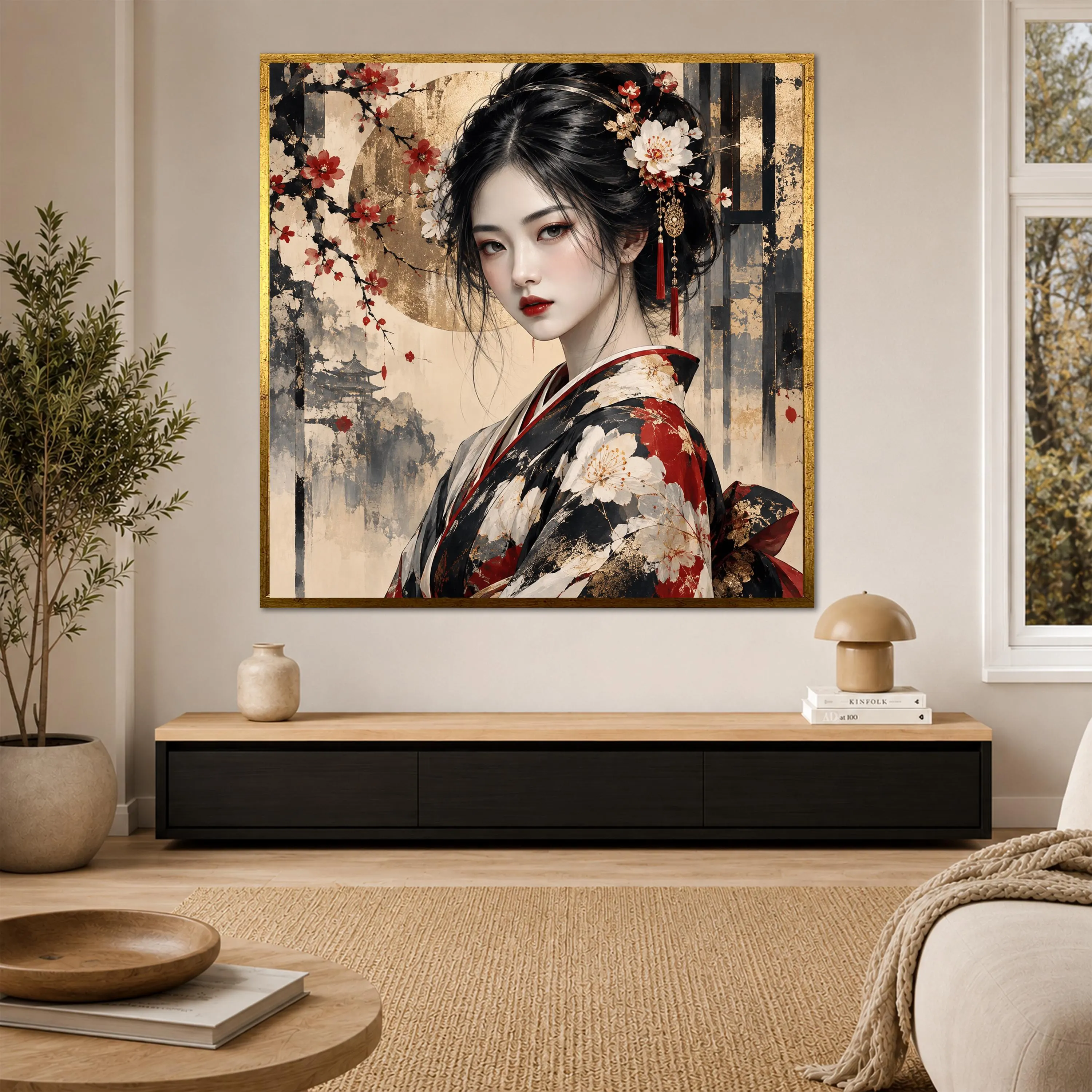 Japanese Geisha Canvas Art, Cherry Blossom Woman Portrait, Black Red Kimono Print, Elegant Asian Decor, Oriental Floral Artwork, Japan Gift - image 3