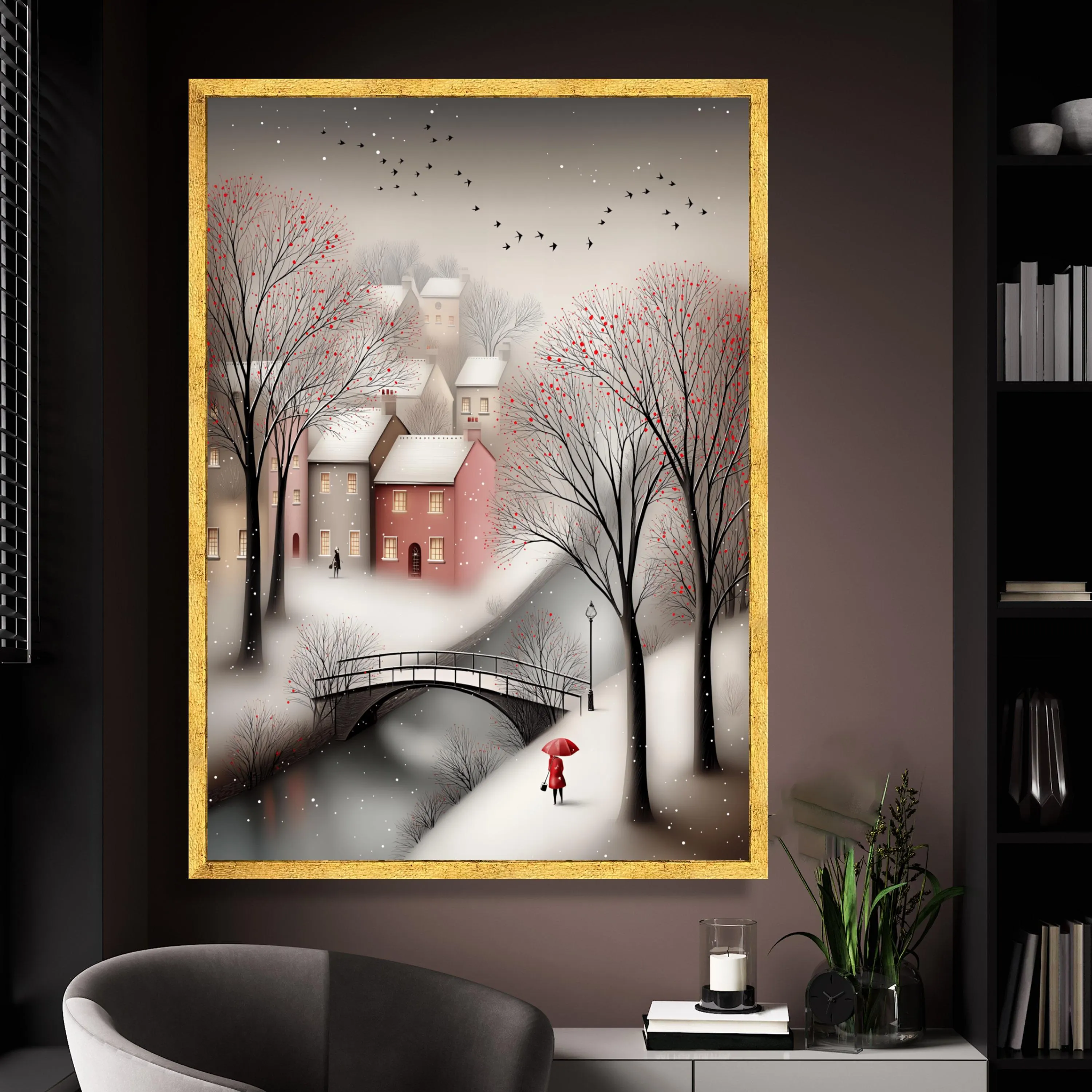 Winter Village Scene Canvas, Snowy Landscape Wall Art, Red Umbrella Woman, Bare Trees with Berries, Bridge over River Print, Winter Art Gift - image 3