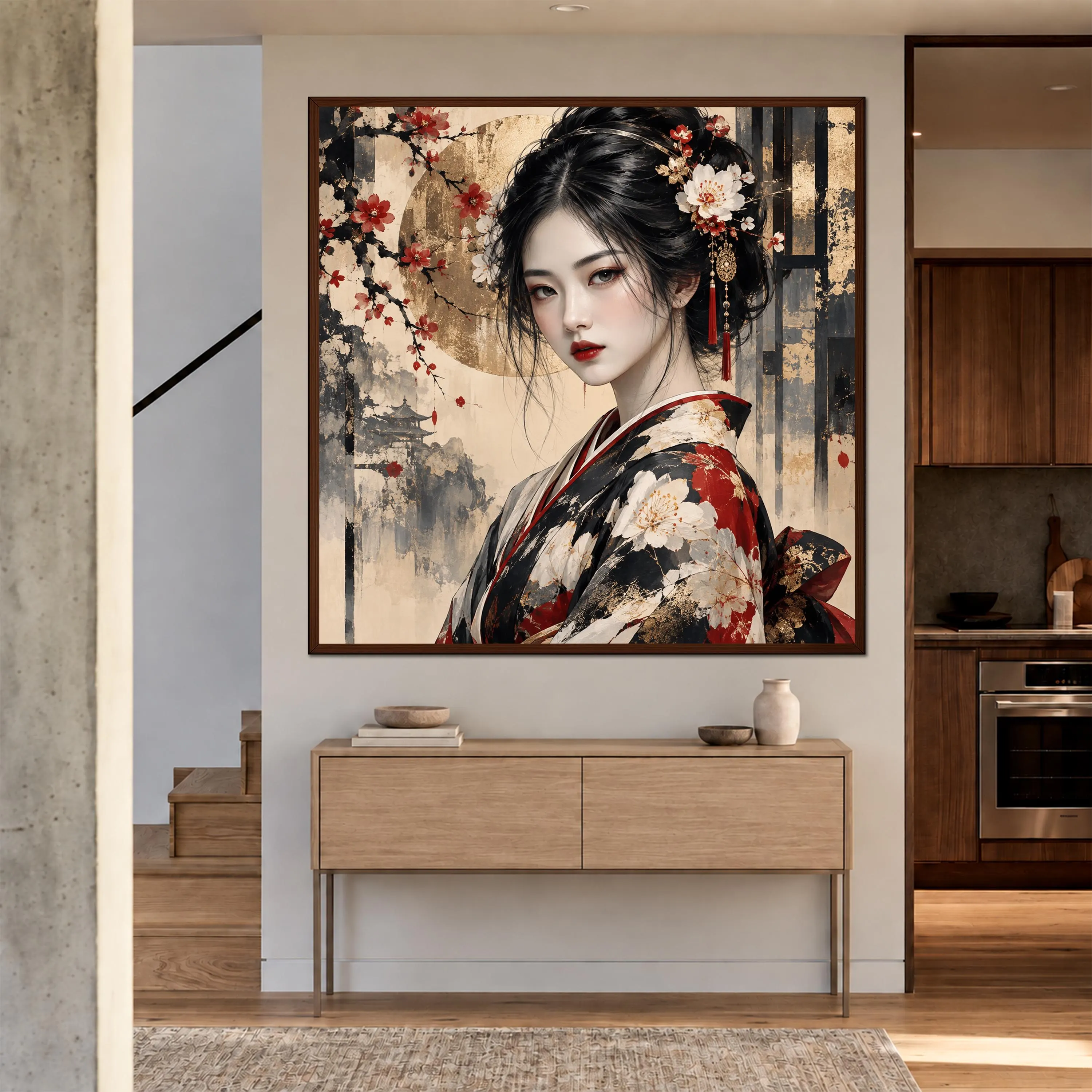 Japanese Geisha Canvas Art, Cherry Blossom Woman Portrait, Black Red Kimono Print, Elegant Asian Decor, Oriental Floral Artwork, Japan Gift - image 5