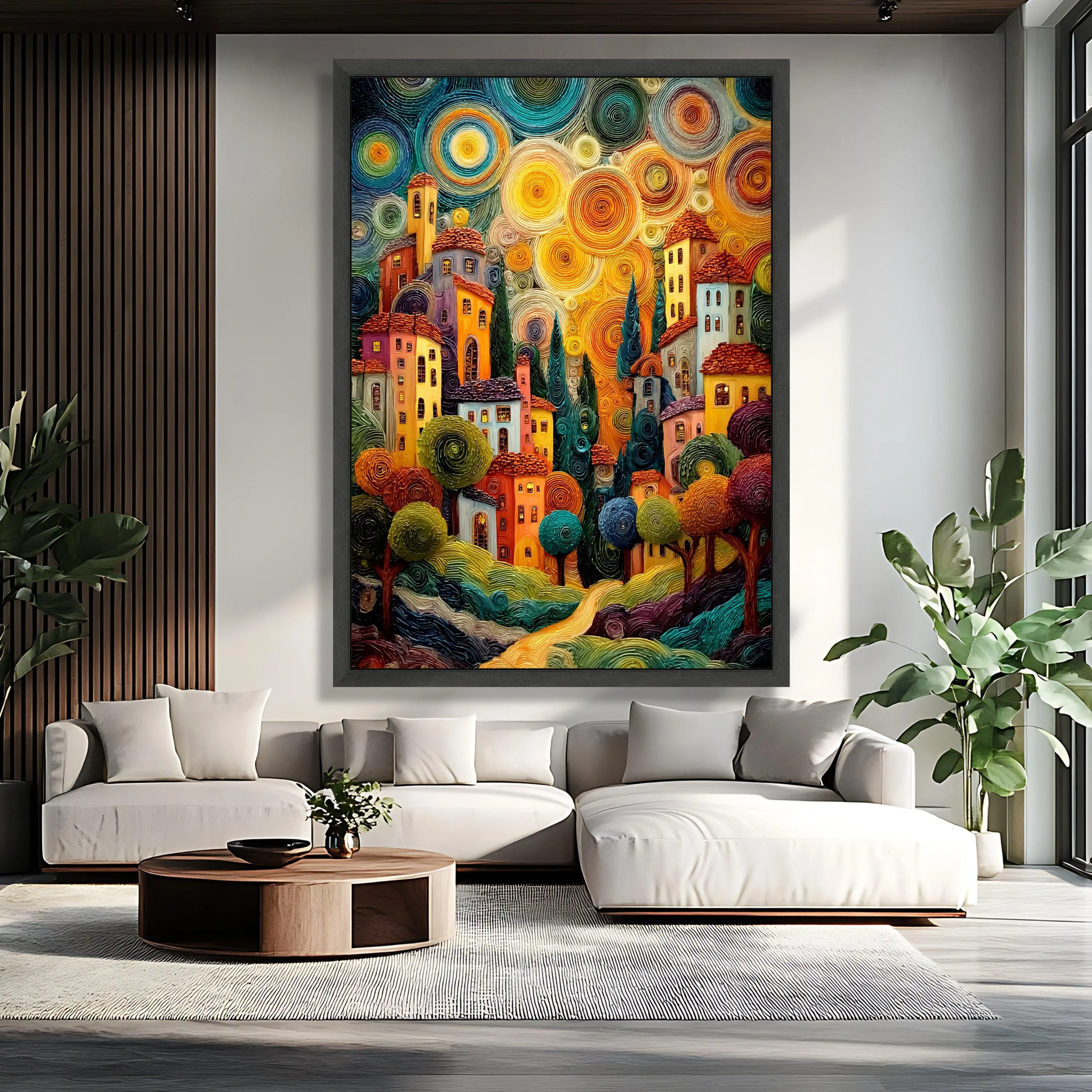 Vibrant Village Landscape Canvas, Colorful Countryside Wall Art, Spiral Sky Painting, Cozy Home Decor, Artistic Canvas Print - image 5